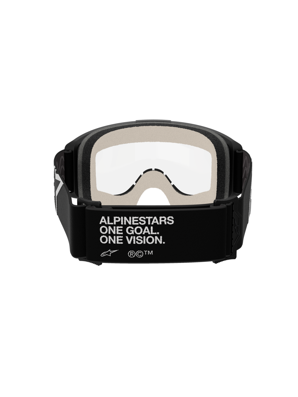 Alpinestars Vision 5 Corp Goggles, motocrossbriller, sort og klar, set bagfra, der viser den sorte rem med hvid 'ALPINESTARS ONE GOAL. ONE VISION.' branding, lysegråt ansigtsskum og klar anti-dug linse