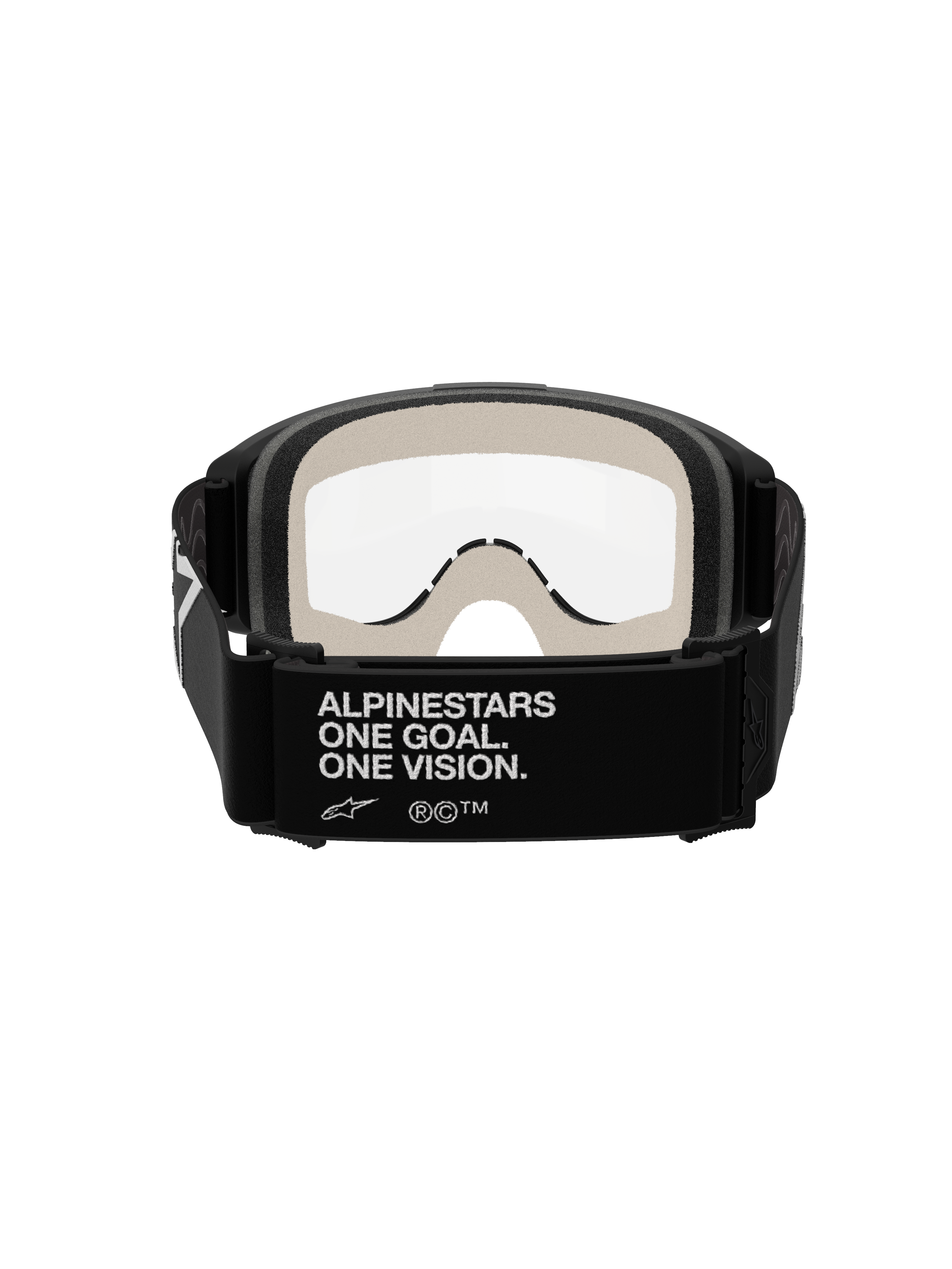 Alpinestars Vision 5 Corp Goggles, motocrossbriller, sort og klar, set bagfra, der viser den sorte rem med hvid 'ALPINESTARS ONE GOAL. ONE VISION.' branding, lysegråt ansigtsskum og klar anti-dug linse