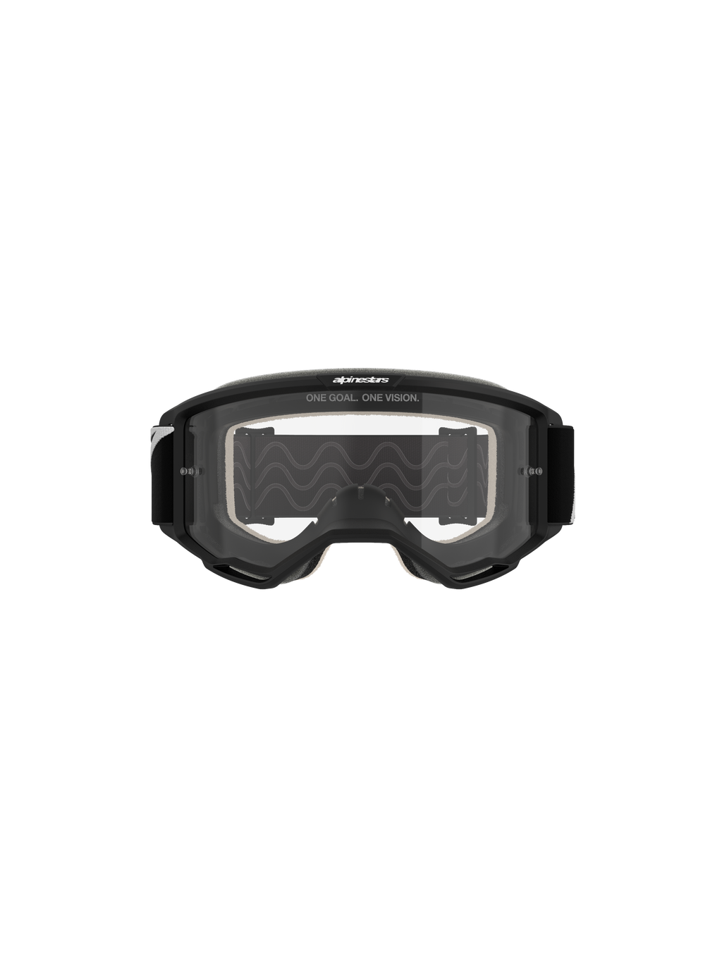 Alpinestars Vision 5 Corp Goggles, motocross-briller, sort ramme med klar linse, set forfra, med 'ONE GOAL. ONE VISION.' branding øverst, bredt synsfelt-design til off-road kørsel