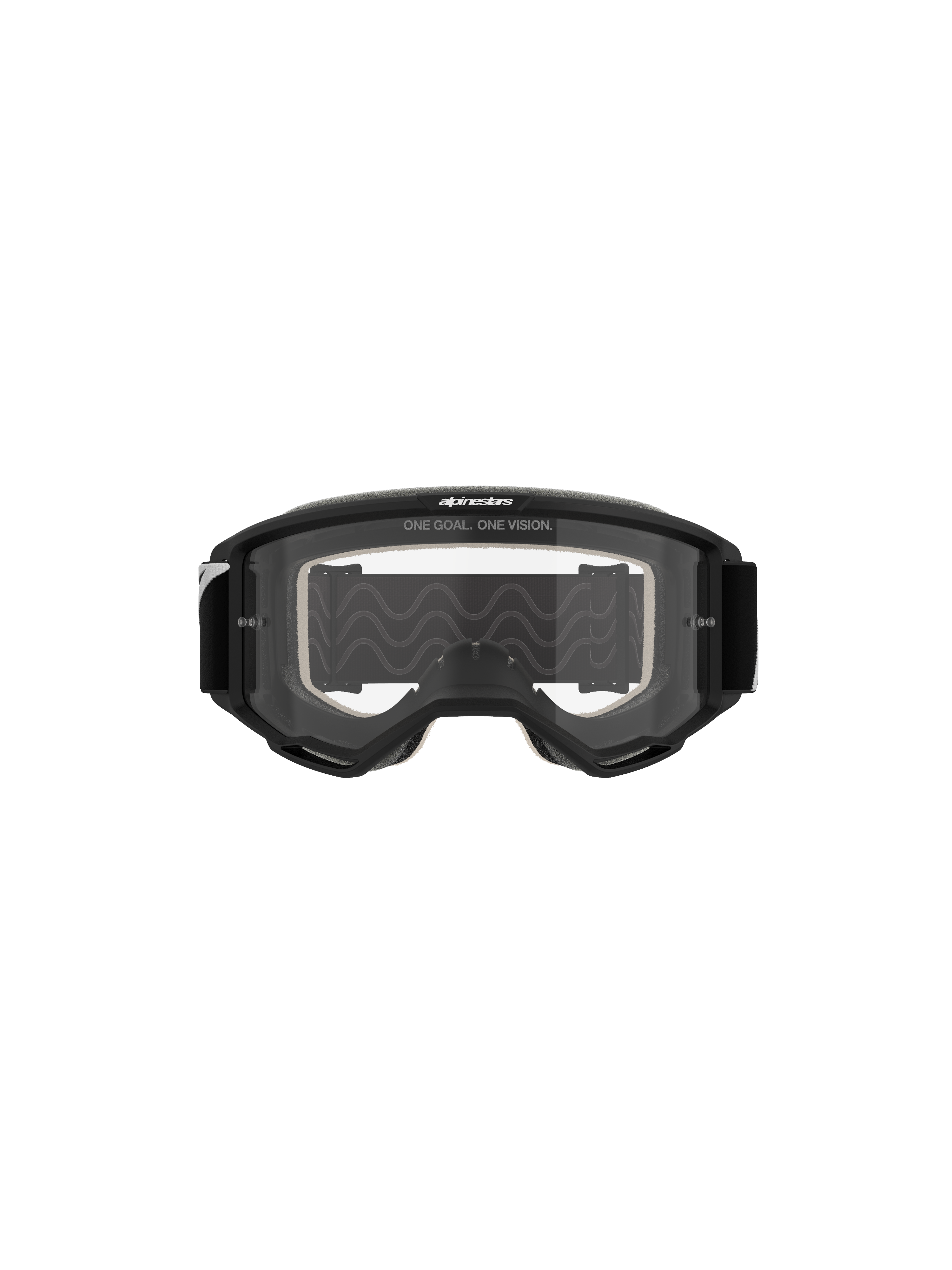 Alpinestars Vision 5 Corp Goggles, motocross-briller, sort ramme med klar linse, set forfra, med 'ONE GOAL. ONE VISION.' branding øverst, bredt synsfelt-design til off-road kørsel