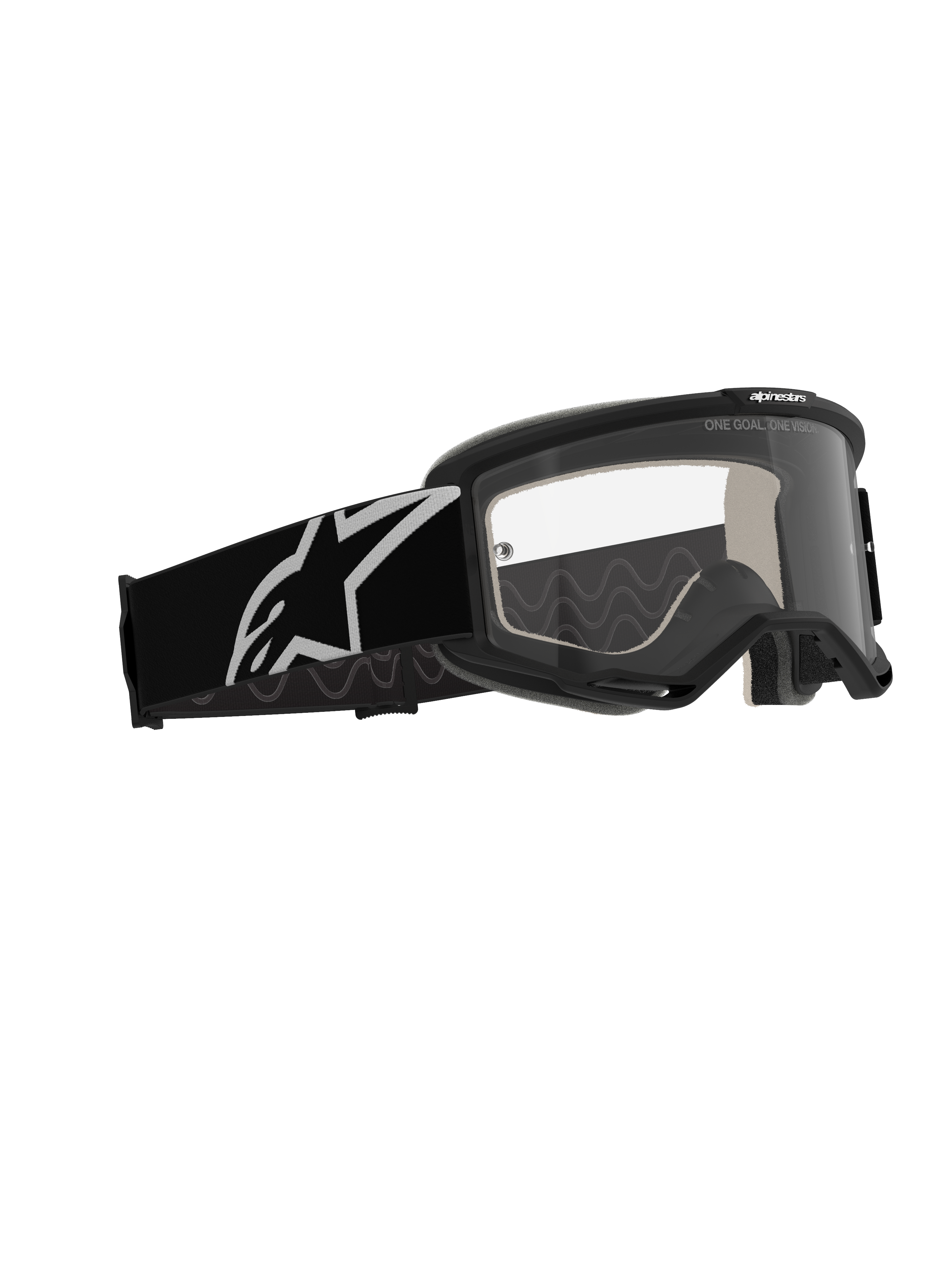 Alpinestars Vision 5 Corp Goggles, motocross-briller, sort stel med klar anti-dug linse, bred sort rem med hvidt Astars-logo, high-performance off-road briller med RAM-AIR ventilation