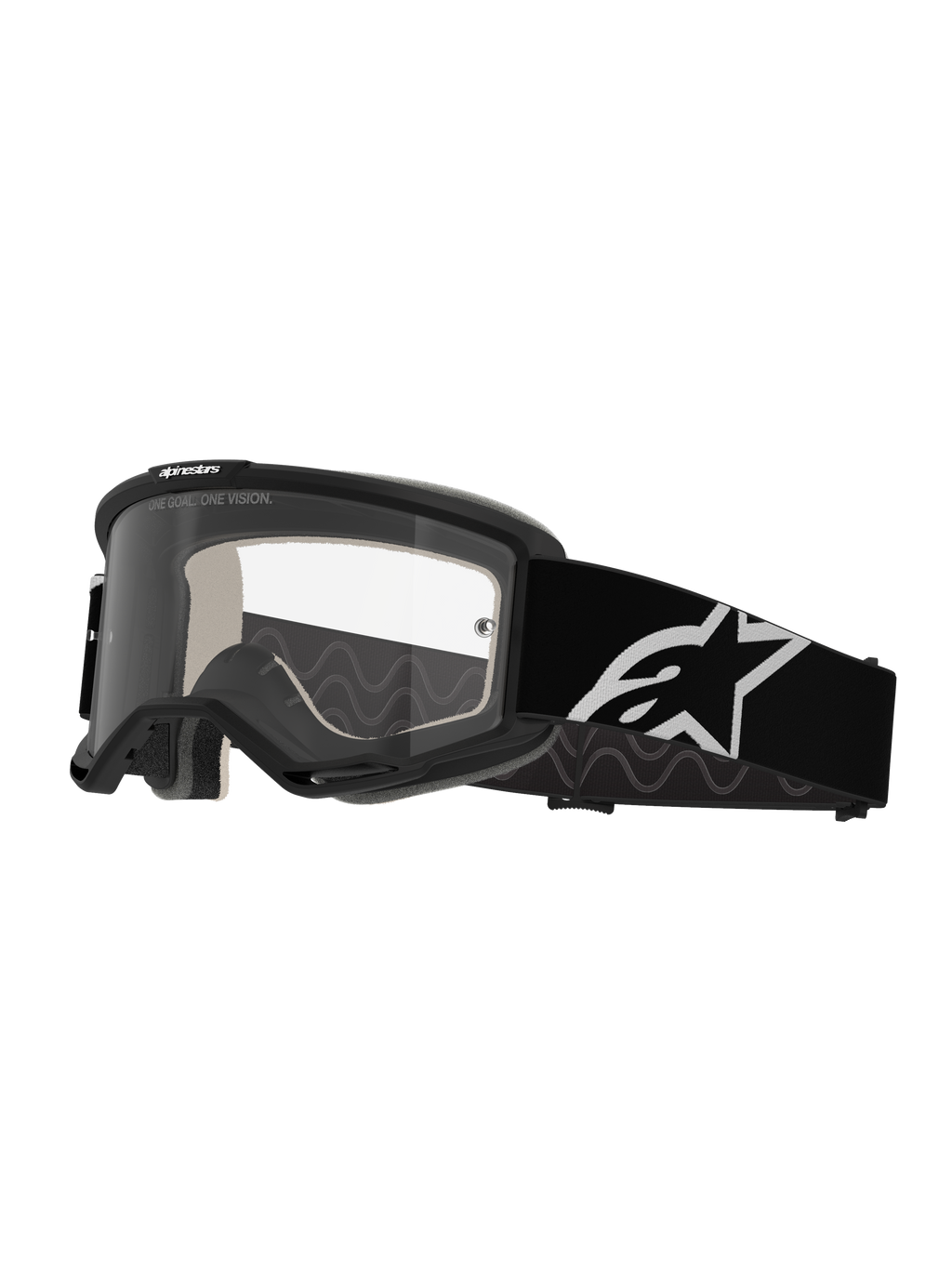 Alpinestars Vision 5 Corp Goggles, motocross-briller, sort og klar, med en klar anti-dug linse, sort ramme med RAM-AIR ventilation og en bred sort rem med hvidt stjernelogo, designet til terrænløb