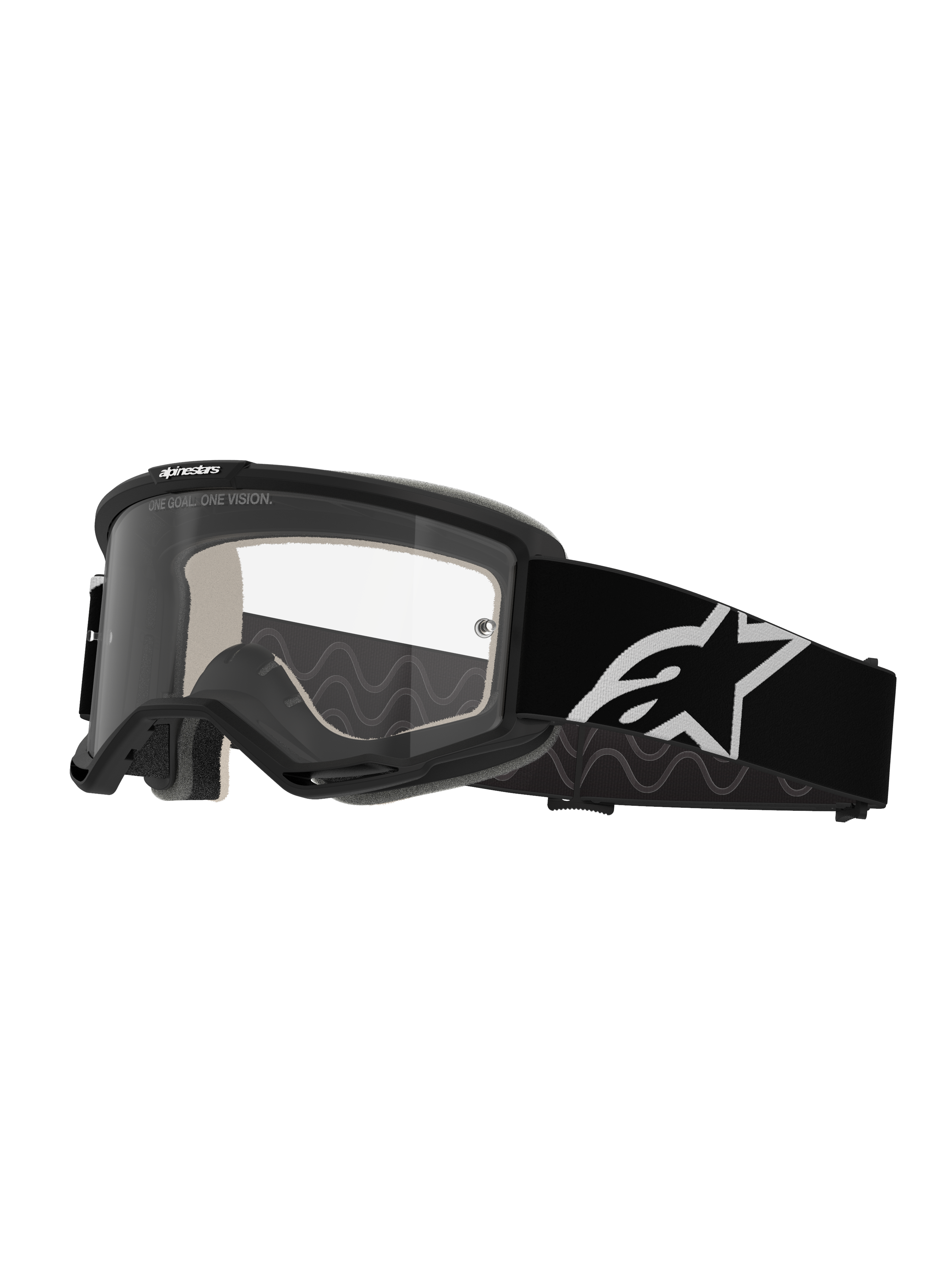 Alpinestars Vision 5 Corp Goggles, Motocross Goggles, Black and Clear, featuring a clear anti-fog lens, black frame with RAM-AIR ventilation, and a wide black strap with a white star logo, designed for off-road racing.