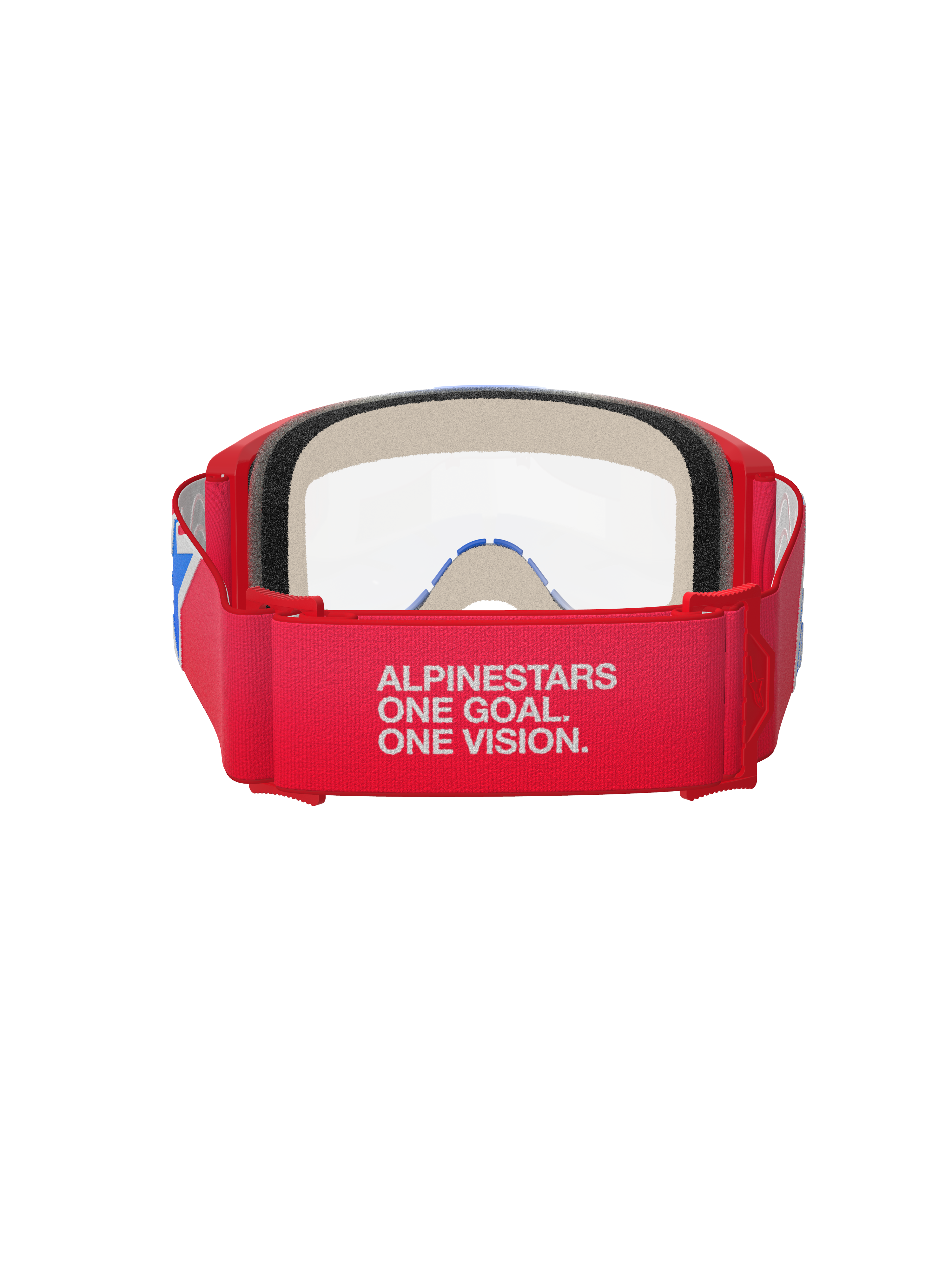 Alpinestars Vision 5 Corp Goggles, motocross-briller, rød, hvid og blå med klar linse, set bagfra med bred rød vævet rem med hvidt 'ALPINESTARS ONE GOAL. ONE VISION.' branding, rød urethan-ramme og tykt ansigtsskum, designet til professionel off-road ydeevne