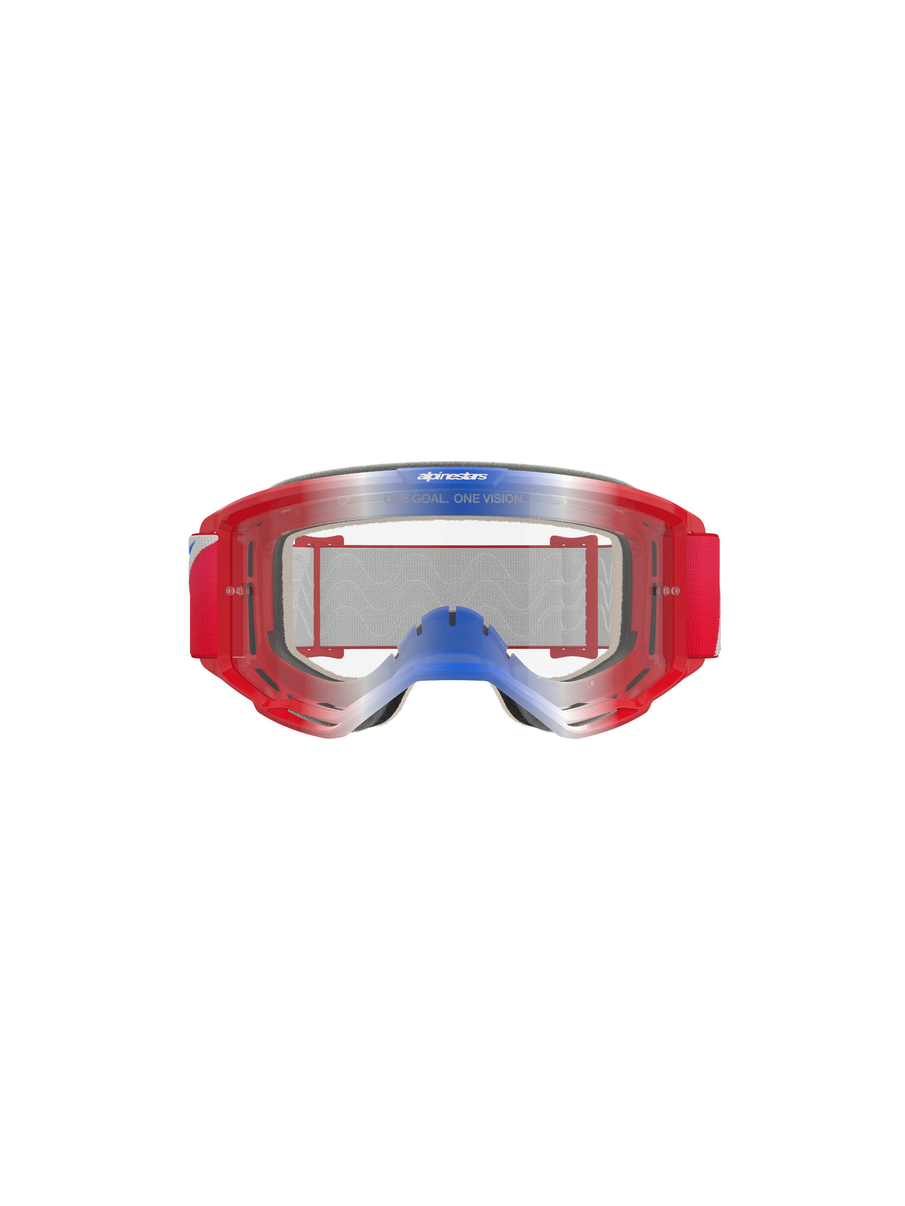 Alpinestars Vision 5 Corp Goggles, motocross-briller, rød, hvid og blå med klar linse, rødt stel med blå og hvide graduerede accenter, rød vævet rem, har 'ONE GOAL. ONE VISION.' branding på linsen, holdbar øjenbeskyttelse til terrænkørsel