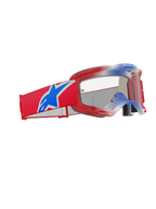 Alpinestars Vision 5 Corp Goggles, motocross-briller, rød, hvid og blå med klar linse, bred rød vævet rem med et stort blåt Alpinestars-stjernelogo, letvægts rød A-FLEX-ramme, højtydende øjenbeskyttelse til off-road racing