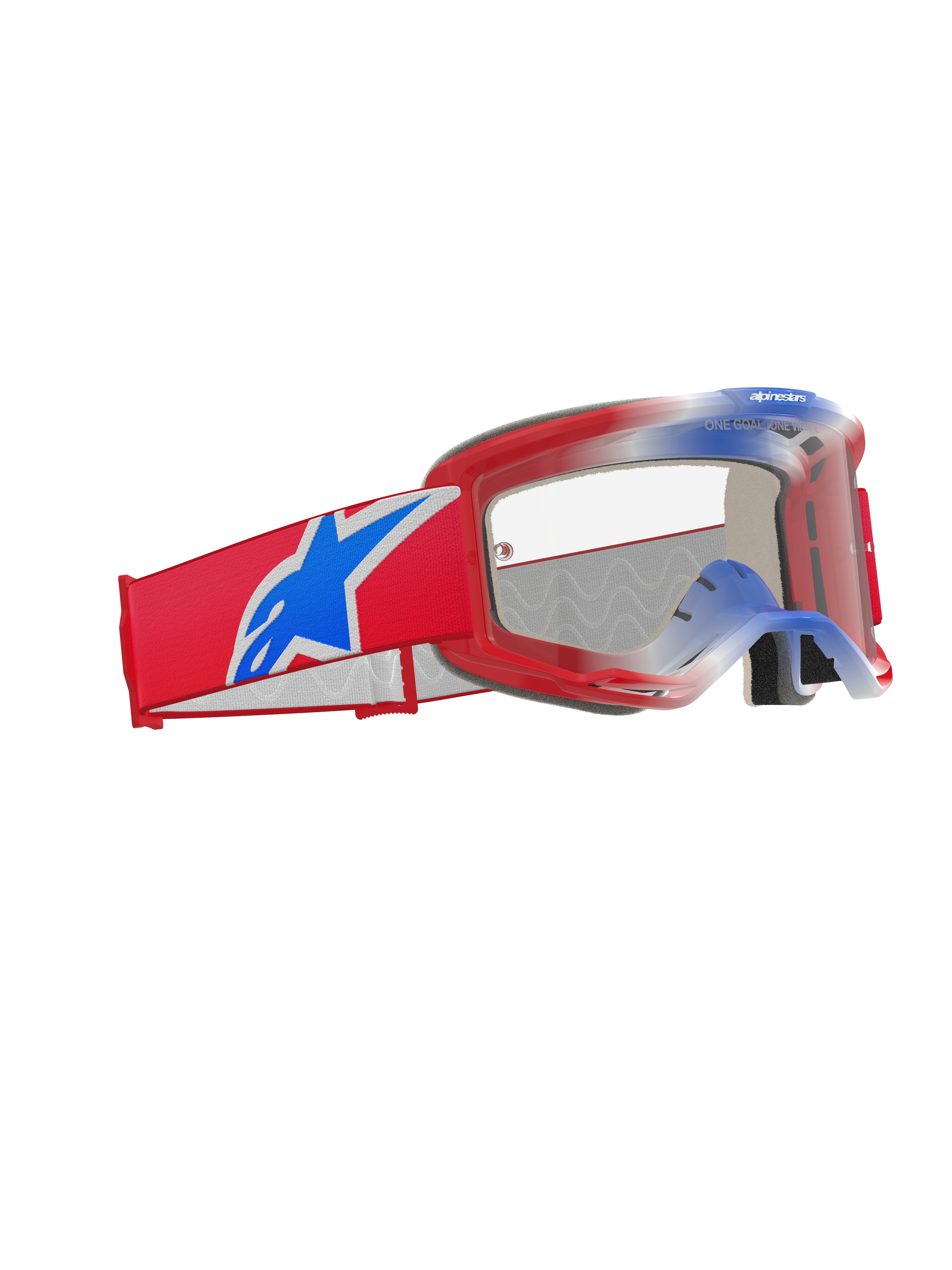 Alpinestars Vision 5 Corp Goggles, motocross-briller, rød, hvid og blå med klar linse, bred rød vævet rem med et stort blåt Alpinestars-stjernelogo, letvægts rød A-FLEX-ramme, højtydende øjenbeskyttelse til off-road racing