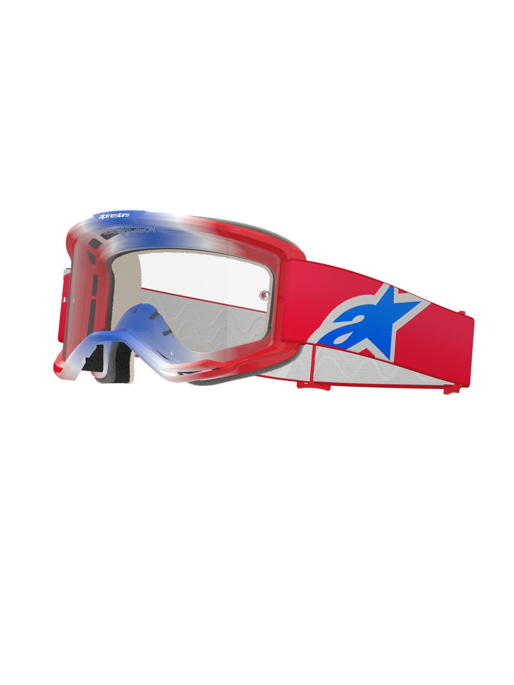 Alpinestars Vision 5 Corp Goggles, motocross-beskyttelsesbriller, rød, hvid og blå, klar linse, rødt stel med graduerede blå og hvide detaljer foroven, rød rem med et stort blåt og hvidt Alpinestars-stjernelogo, flerlags skumpolstring, højtydende racing-beskyttelsesbriller