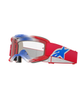 Alpinestars Vision 5 Corp Goggles, motocross-beskyttelsesbriller, rød, hvid og blå, klar linse, rødt stel med graduerede blå og hvide detaljer foroven, rød rem med et stort blåt og hvidt Alpinestars-stjernelogo, flerlags skumpolstring, højtydende racing-beskyttelsesbriller