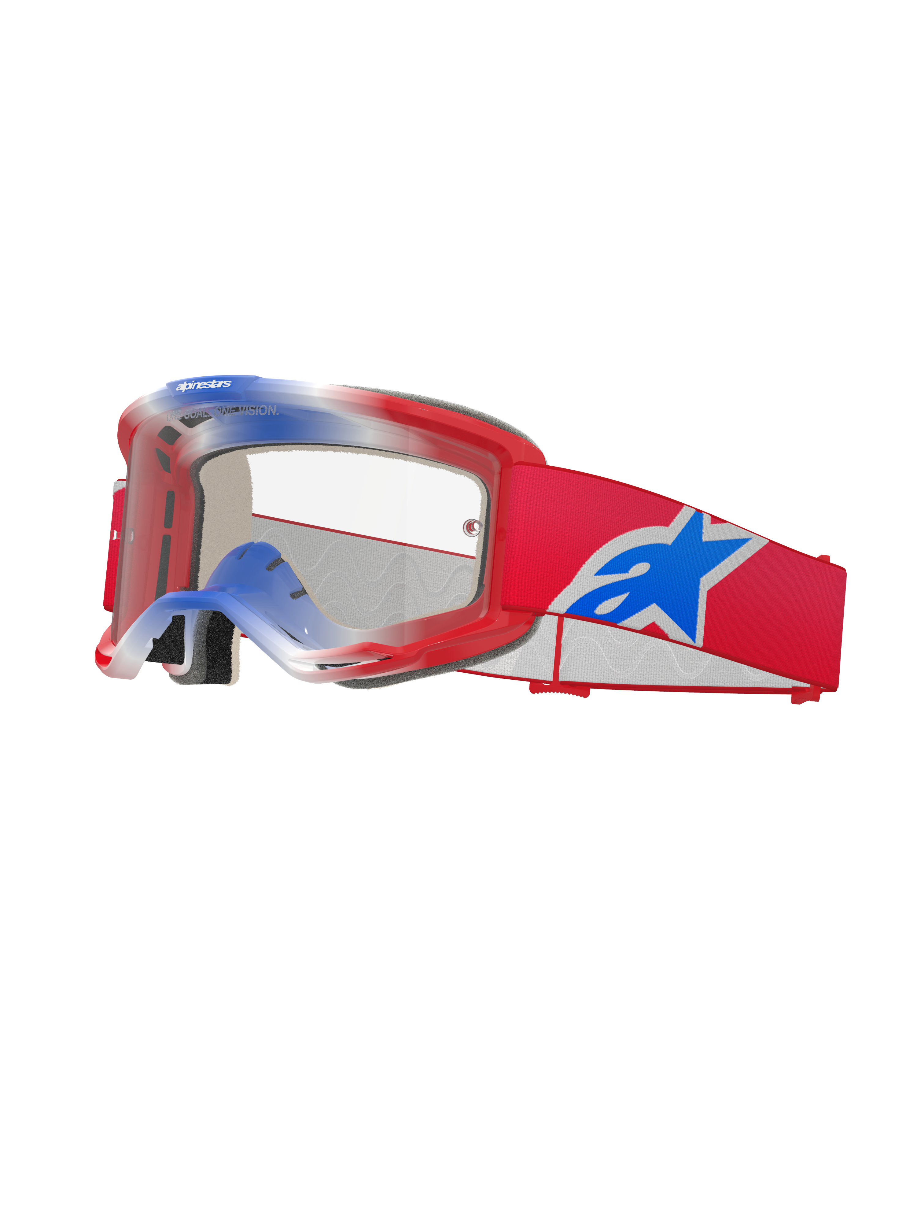 Alpinestars Vision 5 Corp Goggles, motocross-beskyttelsesbriller, rød, hvid og blå, klar linse, rødt stel med graduerede blå og hvide detaljer foroven, rød rem med et stort blåt og hvidt Alpinestars-stjernelogo, flerlags skumpolstring, højtydende racing-beskyttelsesbriller
