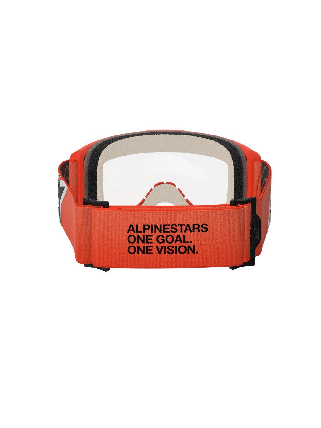 Alpinestars Vision 5 Corp goggles, set bagfra, orange rem med sort 'ALPINESTARS ONE GOAL. ONE VISION.' tekst, orange ramme og klar linse, motocross øjenbeskyttelse