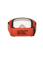 Alpinestars Vision 5 Corp goggles, set bagfra, orange rem med sort 'ALPINESTARS ONE GOAL. ONE VISION.' tekst, orange ramme og klar linse, motocross øjenbeskyttelse