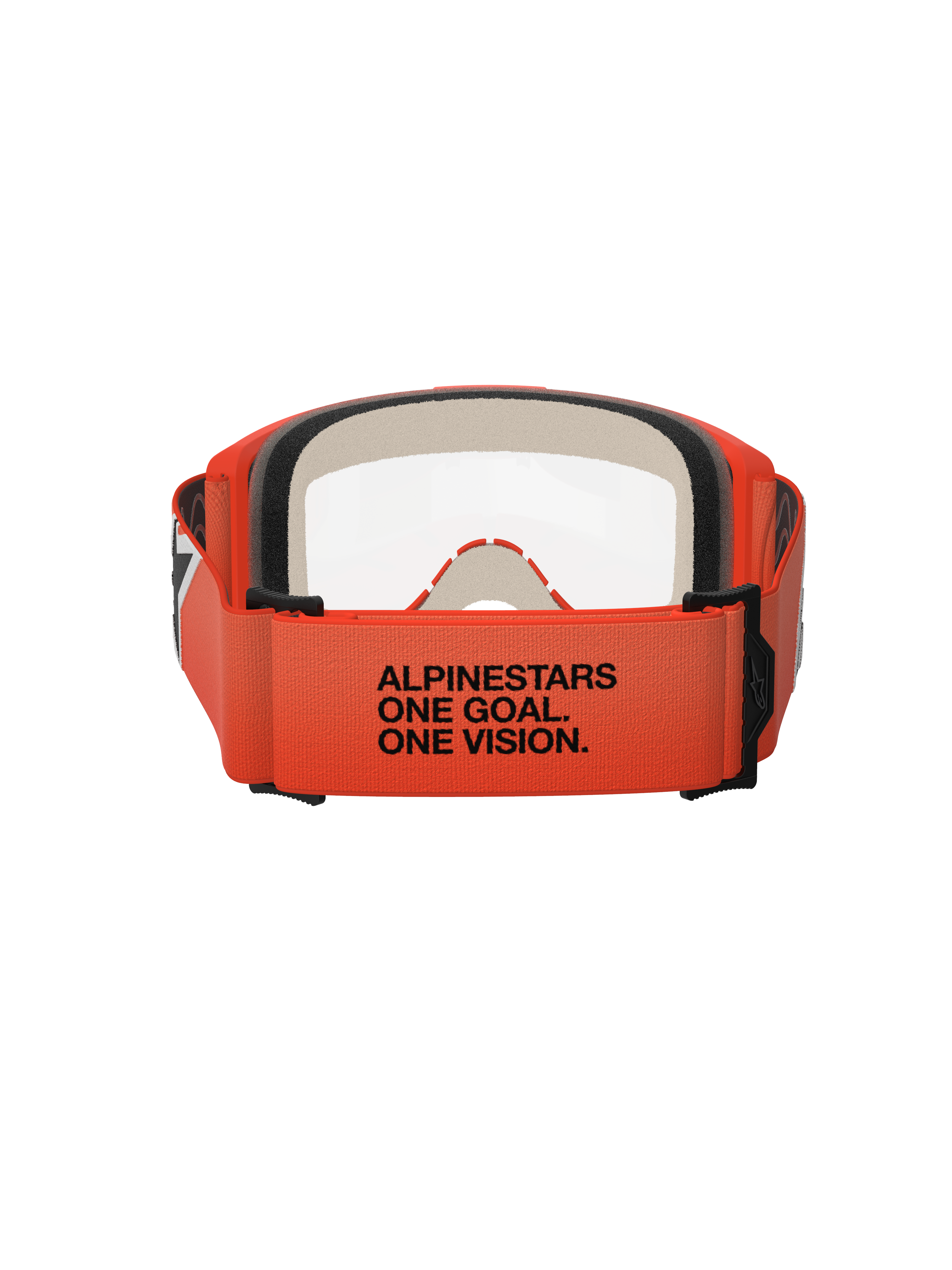 Alpinestars Vision 5 Corp goggles, set bagfra, orange rem med sort 'ALPINESTARS ONE GOAL. ONE VISION.' tekst, orange ramme og klar linse, motocross øjenbeskyttelse