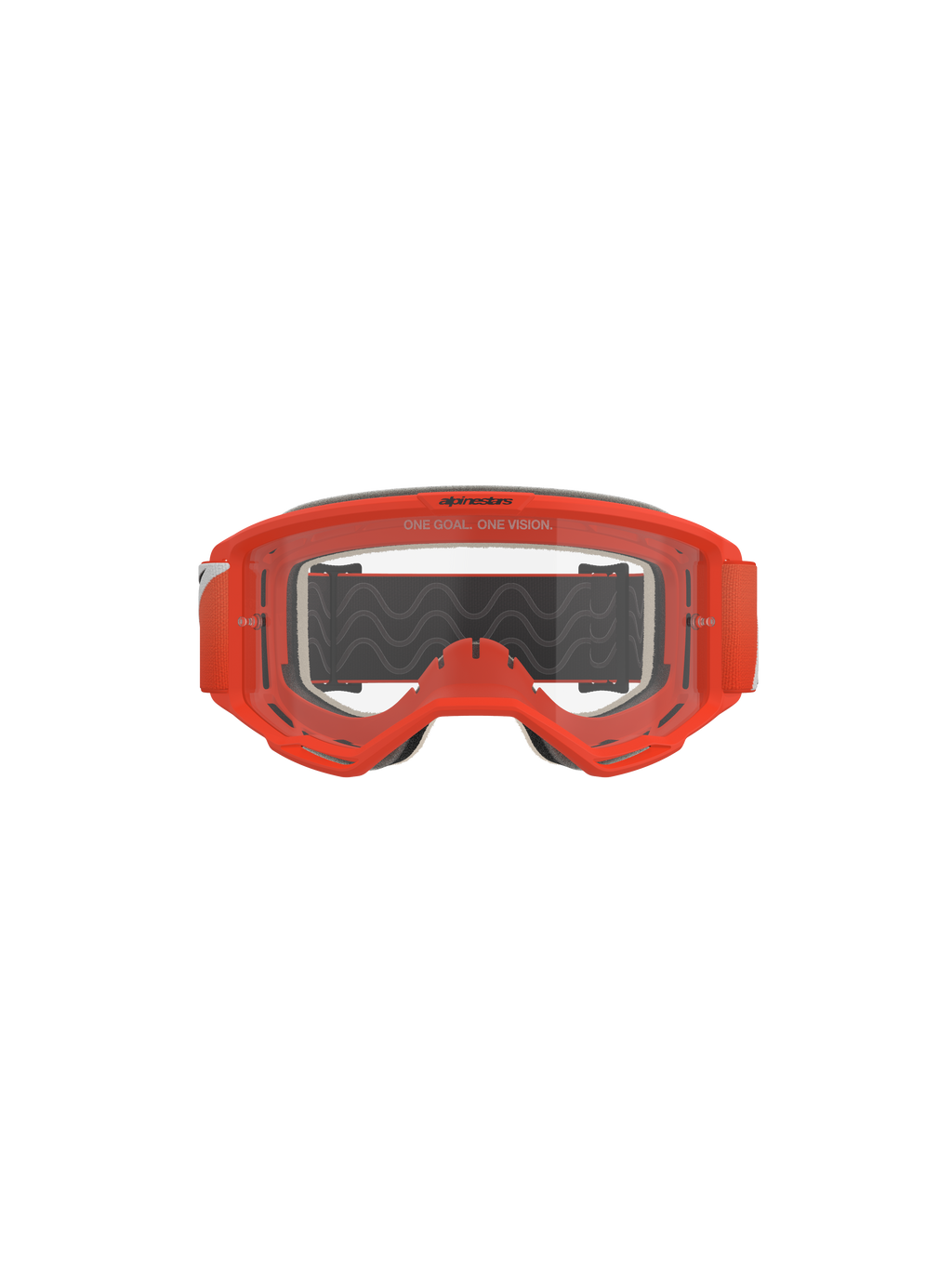 Alpinestars Vision 5 Corp Goggles, motocrossbriller, orange med klar linse, set forfra med en markant orange ramme, gennemsigtig anti-dug linse med 'One Goal. One Vision' branding, gråt ansigtsskum, sort rem med bølget silikone-greb