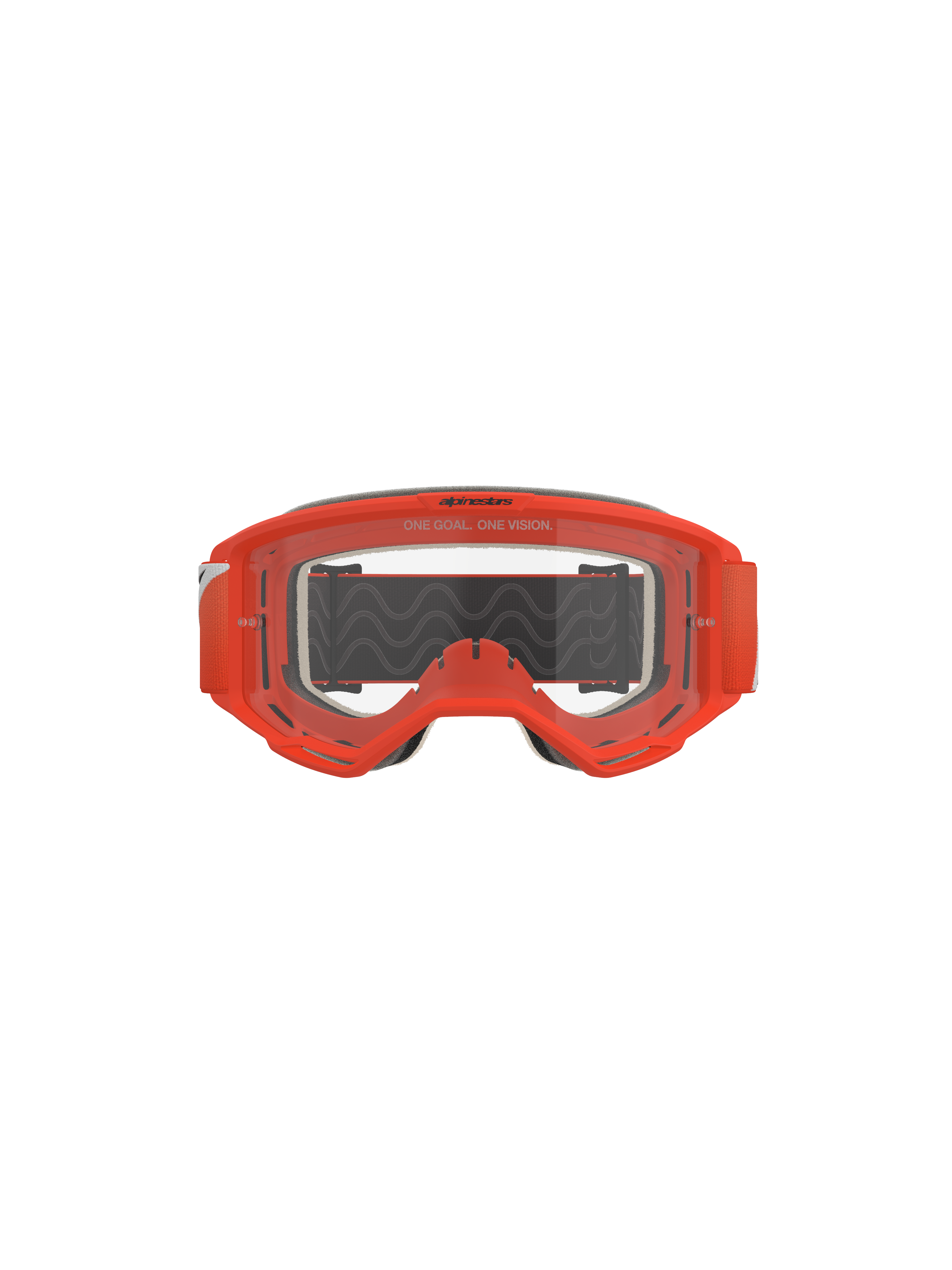 Alpinestars Vision 5 Corp Goggles, motocrossbriller, orange med klar linse, set forfra med en markant orange ramme, gennemsigtig anti-dug linse med 'One Goal. One Vision' branding, gråt ansigtsskum, sort rem med bølget silikone-greb