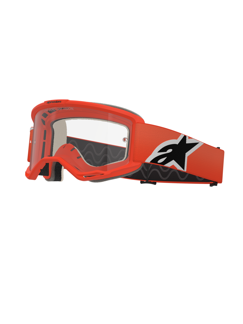 Alpinestars Vision 5 Corp beskyttelsesbriller, motocross-briller, klar orange, klar linse, orange rem med sort og hvidt Alpinestars-logo, tykt sort ansigtsskum, RAM-AIR ventilationsåbninger, aerodynamisk design til off-road kørsel