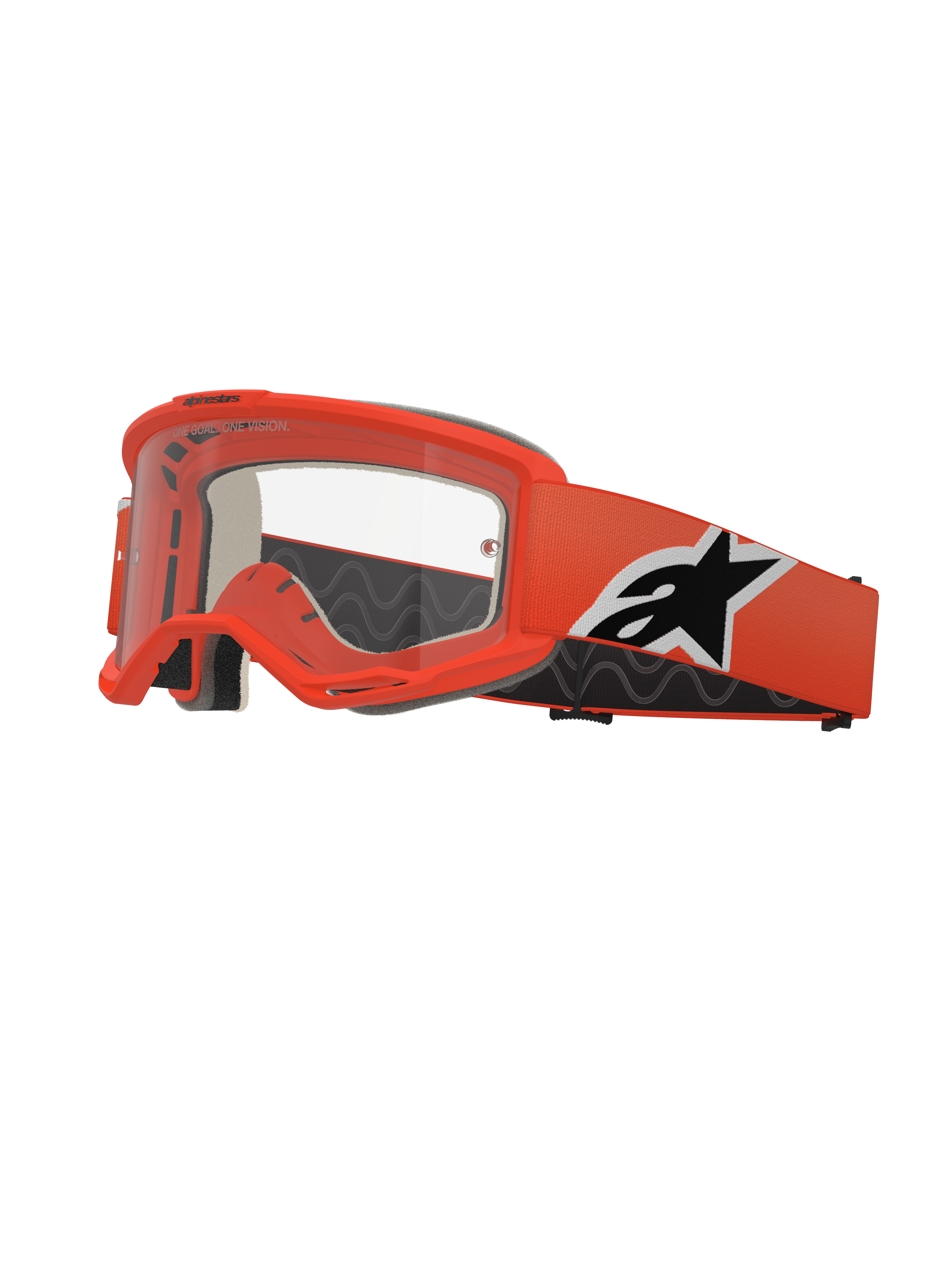 Alpinestars Vision 5 Corp beskyttelsesbriller, motocross-briller, klar orange, klar linse, orange rem med sort og hvidt Alpinestars-logo, tykt sort ansigtsskum, RAM-AIR ventilationsåbninger, aerodynamisk design til off-road kørsel