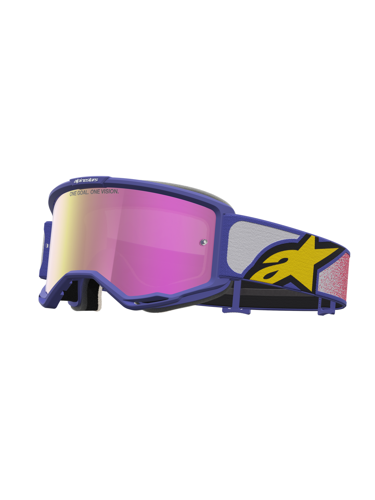 Alpinestars Vision 5 Drag Goggles, purple motocross eyewear with a pink mirror lens and ventilated A-FLEX frame.
