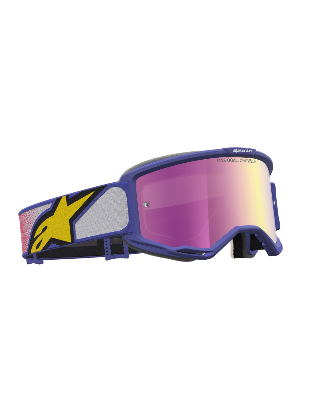 Alpinestars Vision 5 Drag Goggles, lilla motocrossgoggles med pink spejllinse, A-FLEX ramme og RAM-AIR ventilation.