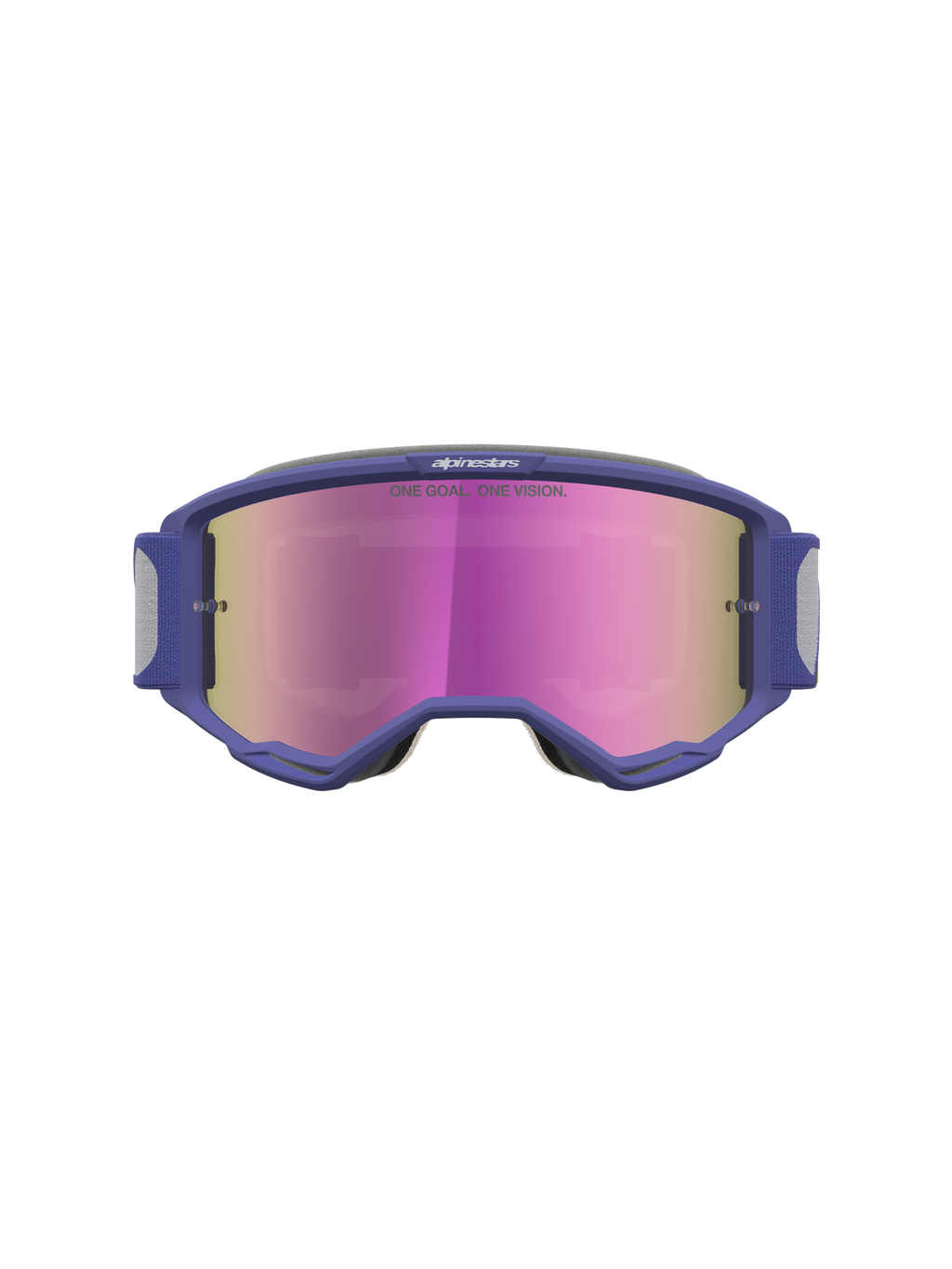 Alpinestars Vision 5 Drag goggles, motocross-goggles med lilla ramme, pink spejllinse og RAM-AIR ventilation.
