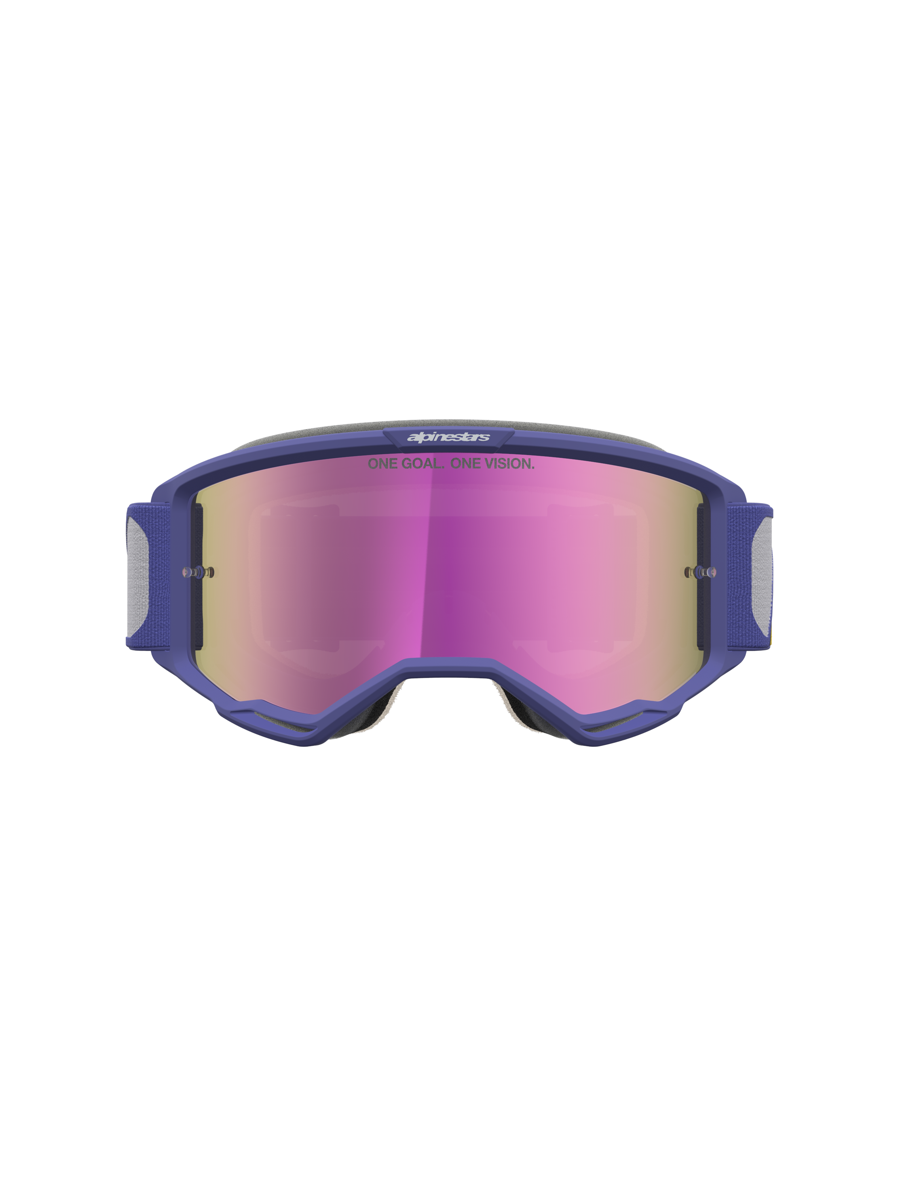 Alpinestars Vision 5 Drag goggles, motocross-goggles med lilla ramme, pink spejllinse og RAM-AIR ventilation.
