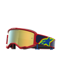 Alpinestars Vision 5 Drag Goggles, motocross-goggles, rød ramme med guld spejllinse og blå rem med stjernelogo, professionelt off-road racingudstyr