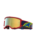 Alpinestars Vision 5 Drag Goggles, Motocross Racing Goggles, Red Frame with Gold Mirror Lens and Blue Star Logo Strap.