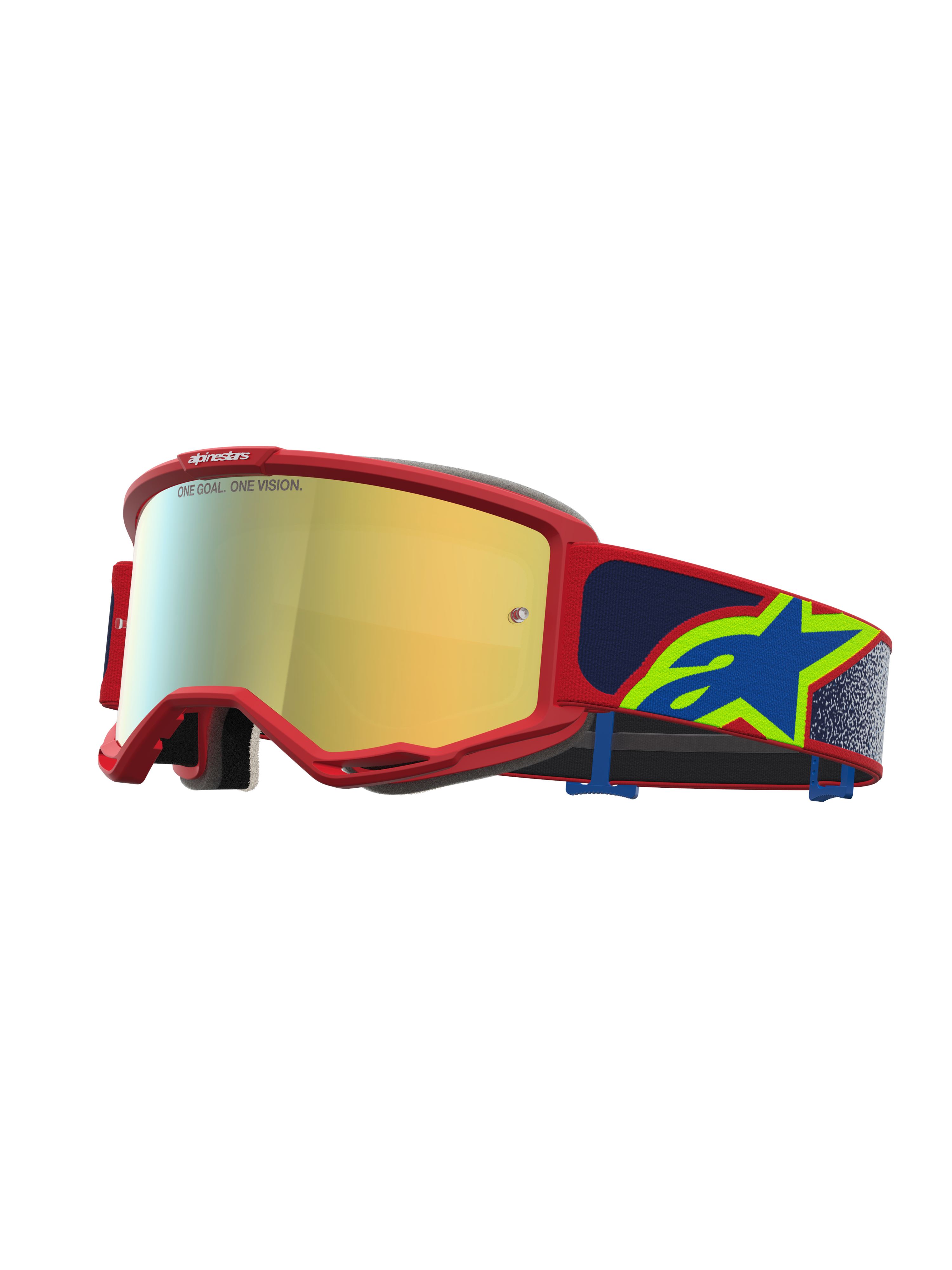 Alpinestars Vision 5 Drag Goggles, motocross-goggles, rød ramme med guld spejllinse og blå rem med stjernelogo, professionelt off-road racingudstyr