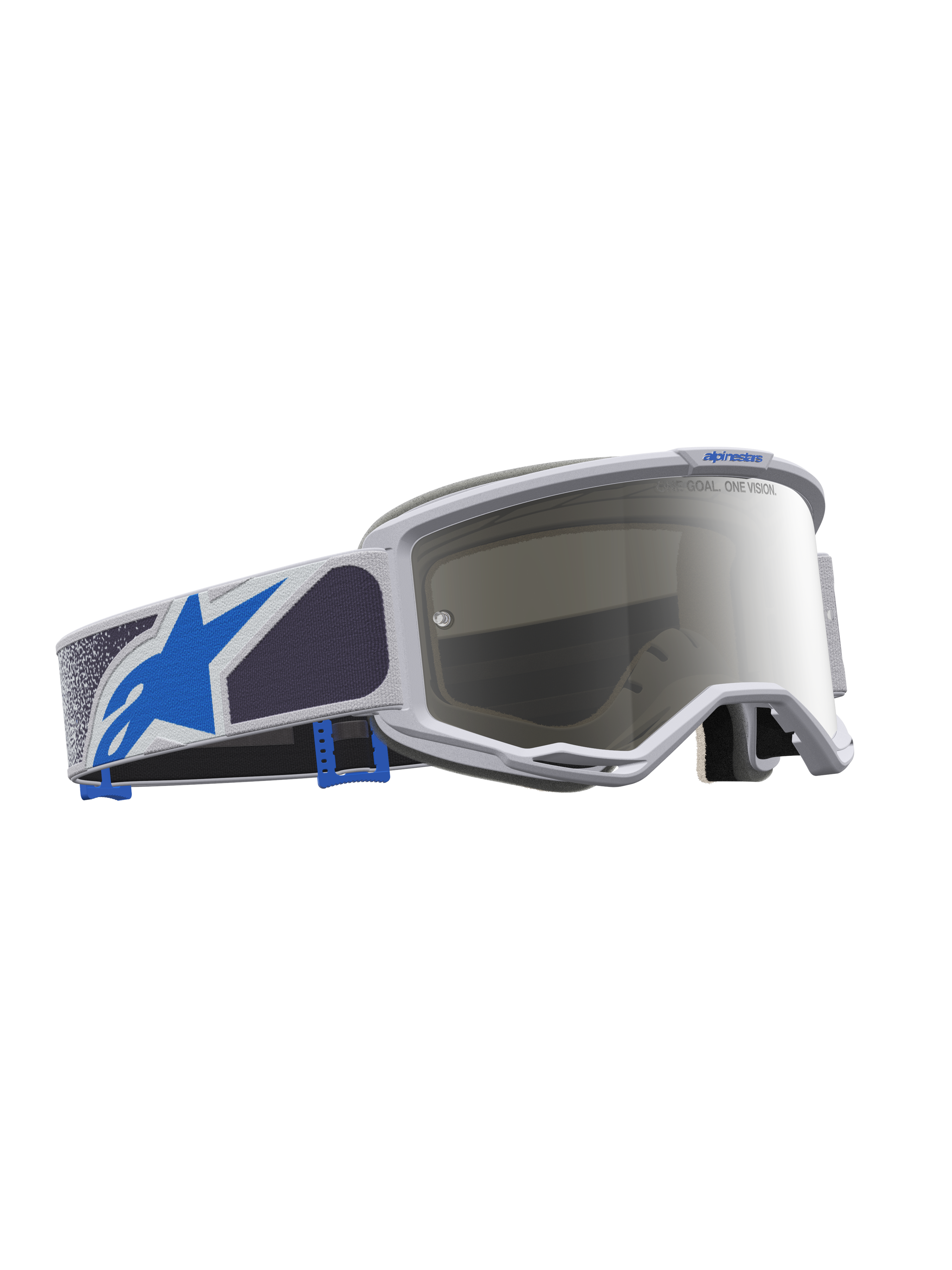 Alpinestars Vision 5 Drag Goggles for Motocross, Light Lilac and Blue with Silver Mirror Lens, featuring an A-FLEX frame and wide field of vision.