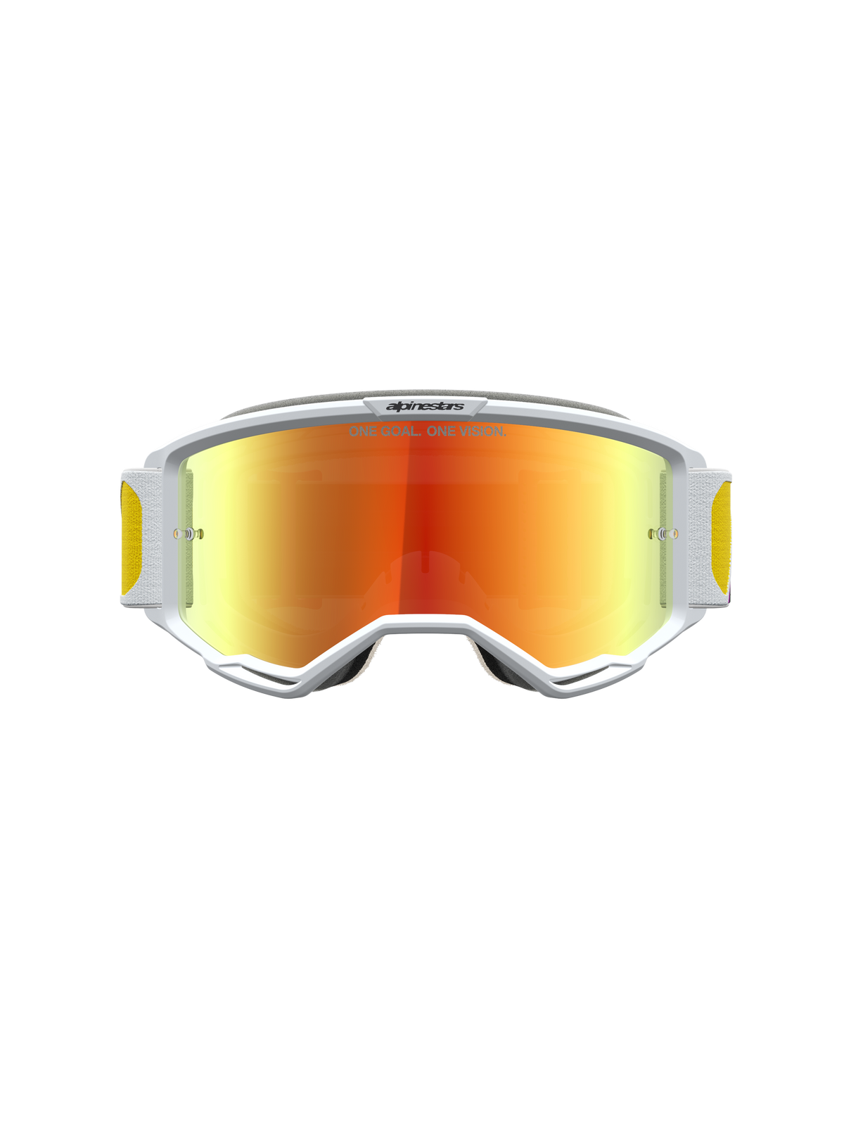 Alpinestars Vision 5 Drag goggles, motocrossgoggles, hvid ramme, orange-rød spejllinse, A-FLEX ramme og RAM-AIR ventilation.