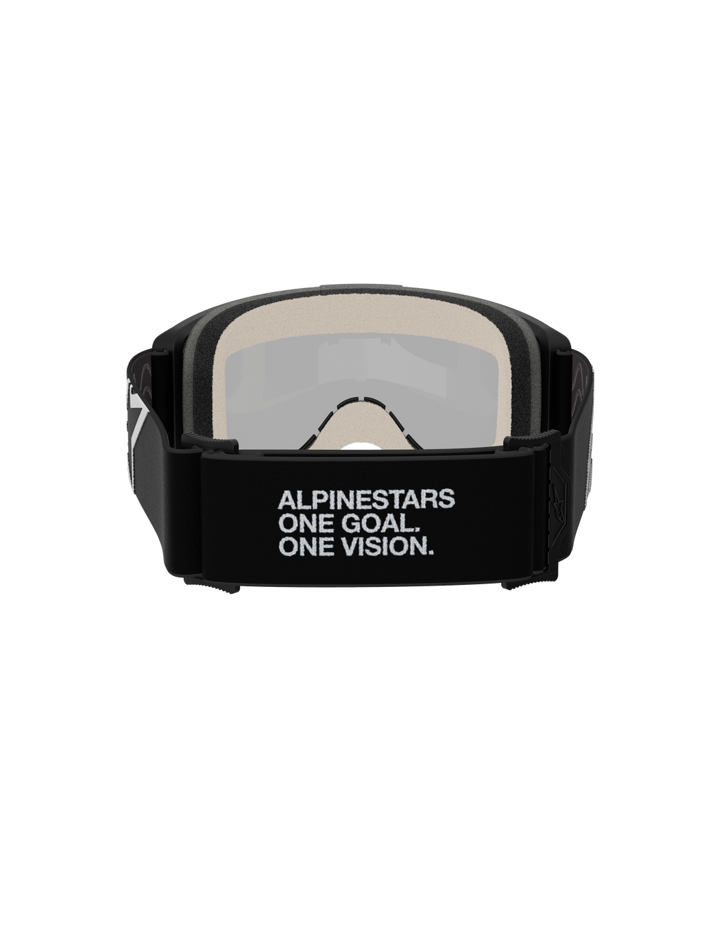 Alpinestars Vision 5 Corp Goggles, motocrossbriller, set bagfra, med sort vævet rem og hvidt 'ALPINESTARS ONE GOAL. ONE VISION.' slogan, 17 mm flerlags ansigtsskum, sølv-spejllinse synlig indefra, designet til sikker pasform og off-road ydeevne