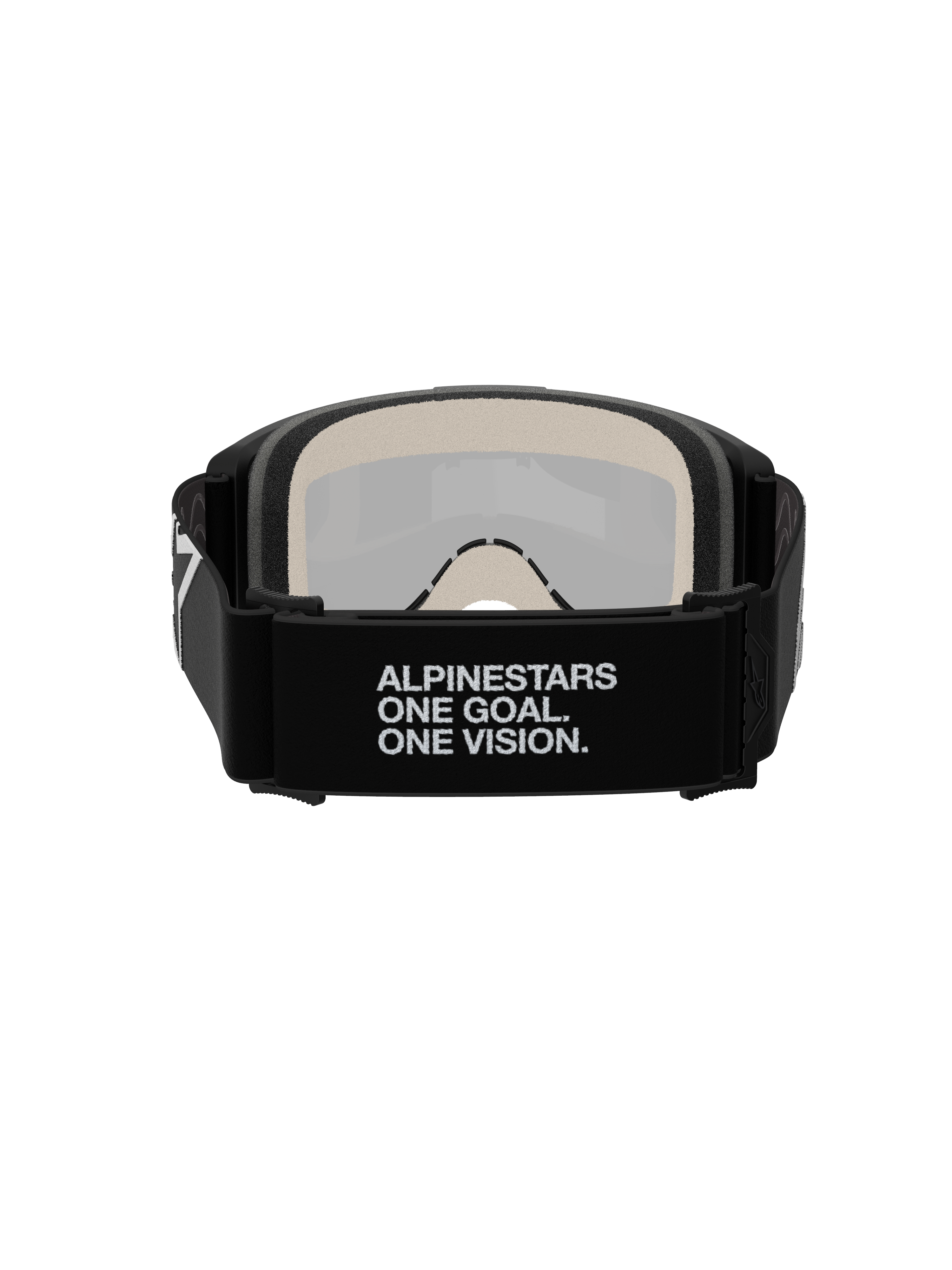 Alpinestars Vision 5 Corp Goggles, motocrossbriller, set bagfra, med sort vævet rem og hvidt 'ALPINESTARS ONE GOAL. ONE VISION.' slogan, 17 mm flerlags ansigtsskum, sølv-spejllinse synlig indefra, designet til sikker pasform og off-road ydeevne