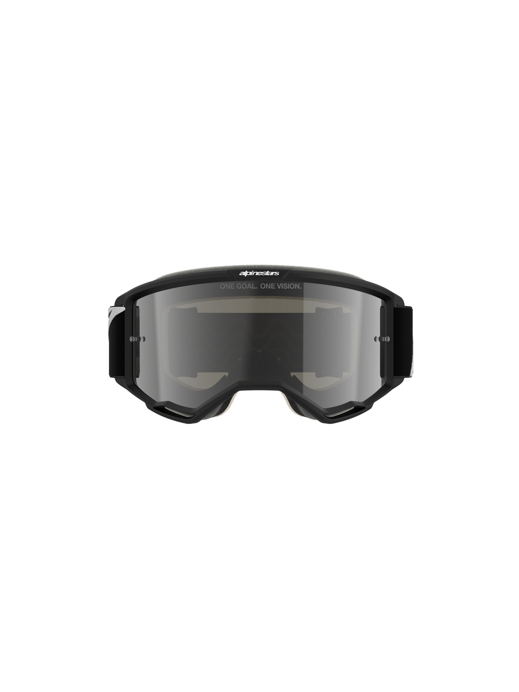 Alpines tars Vis ion 5 Cor p Goggles , motocr oss-brill er, sort med Mirro r Silve r-linse, set forfra med 'O NE GOAL. ONE VI SION.' t ekst og Alpines tars-log o, strøm linet de sign ti l off-ro ad og mo tocros s-løb