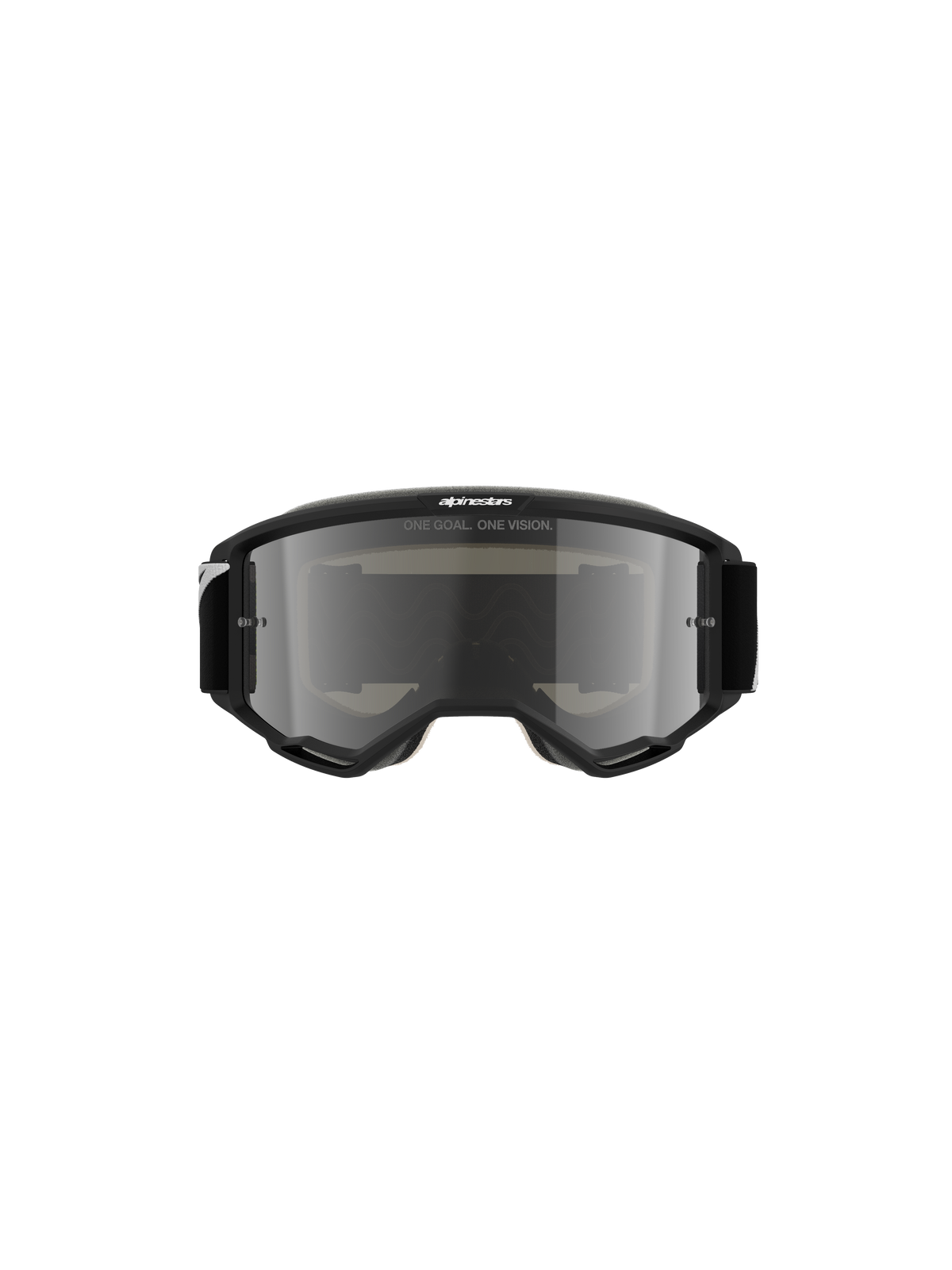 Alpines tars Vis ion 5 Cor p Goggles , motocr oss-brill er, sort med Mirro r Silve r-linse, set forfra med 'O NE GOAL. ONE VI SION.' t ekst og Alpines tars-log o, strøm linet de sign ti l off-ro ad og mo tocros s-løb