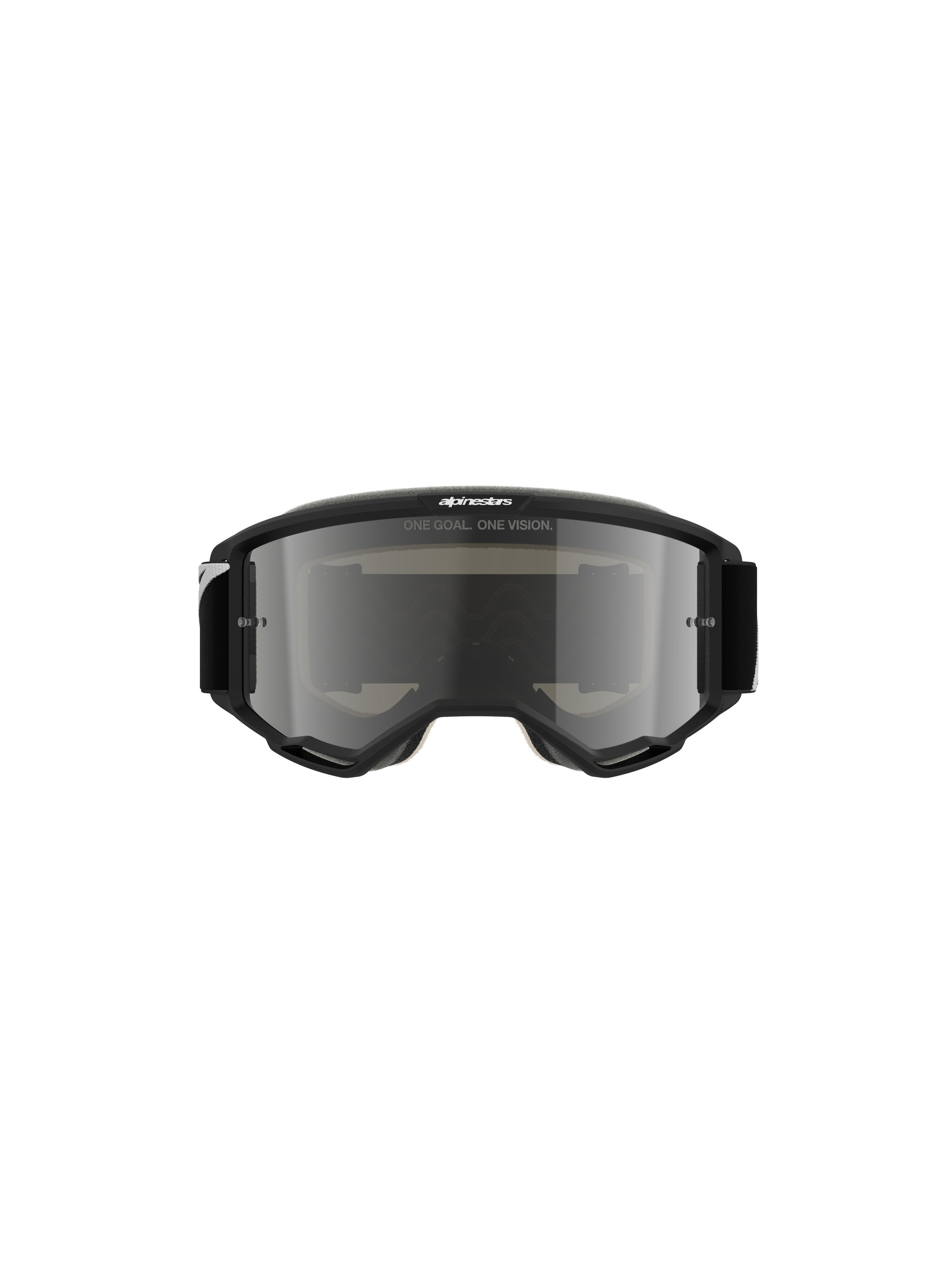 Alpines tars Vis ion 5 Cor p Goggles , motocr oss-brill er, sort med Mirro r Silve r-linse, set forfra med 'O NE GOAL. ONE VI SION.' t ekst og Alpines tars-log o, strøm linet de sign ti l off-ro ad og mo tocros s-løb