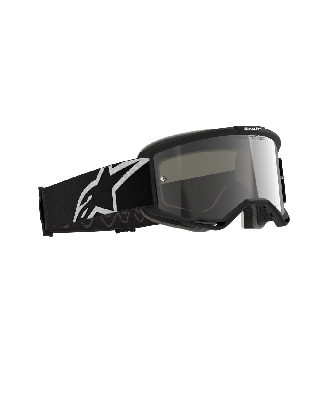 Alpinestars Vision 5 Corp Goggles, motocross-briller, Black Mirror Silver, sort stel med en sølvfarvet spejllinse, bred sort rem med et stort hvidt Alpinestars-logo, designet til off-road performance