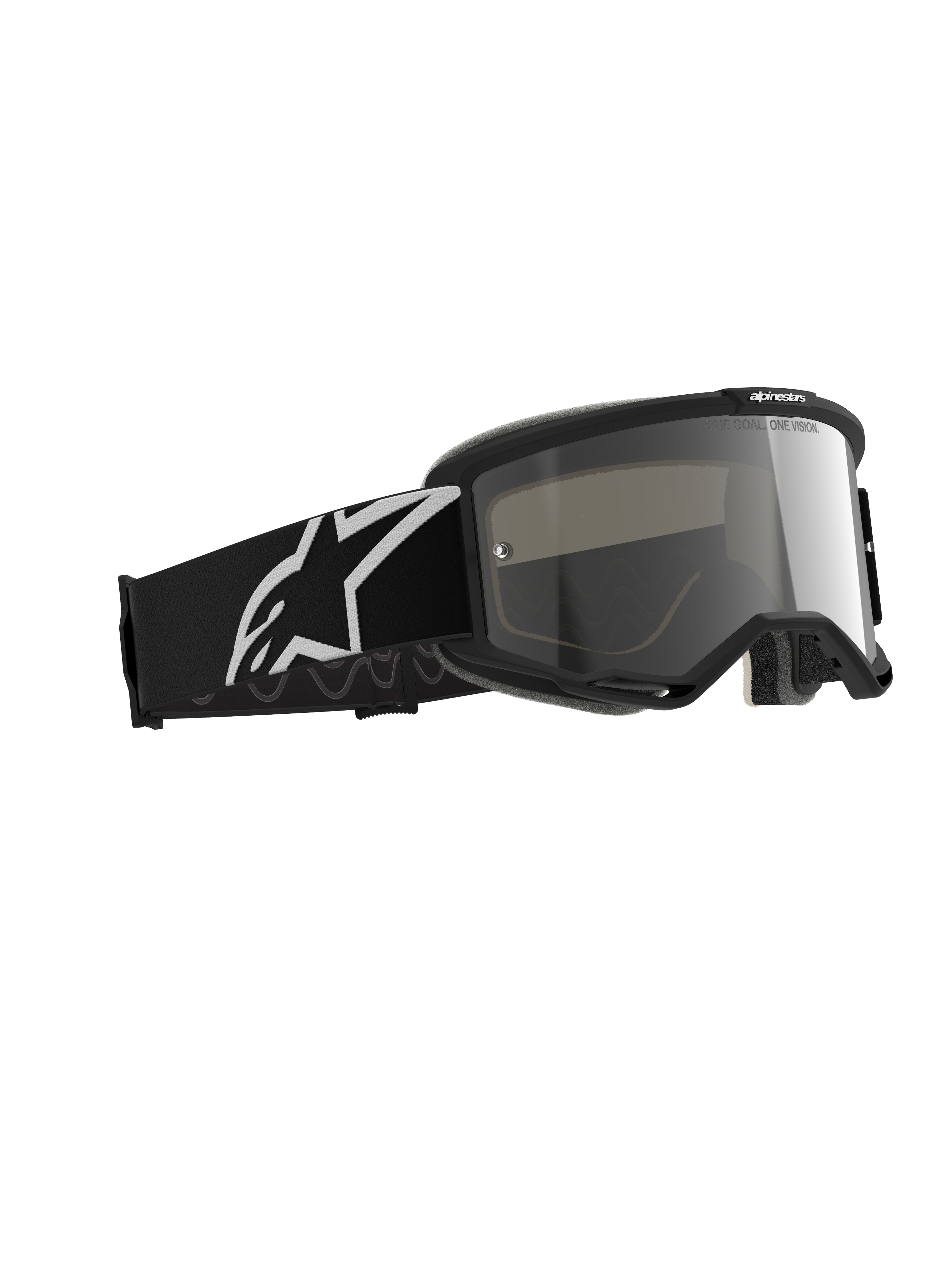 Alpinestars Vision 5 Corp Goggles, motocross-briller, Black Mirror Silver, sort stel med en sølvfarvet spejllinse, bred sort rem med et stort hvidt Alpinestars-logo, designet til off-road performance