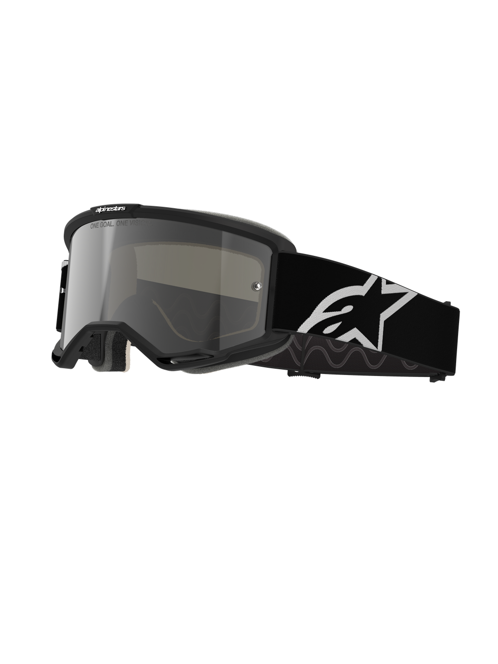Alpinestars Vision 5 Corp beskyttelsesbriller, motocross-briller, sort ramme med sølvfarvet spejllinse, bred sort justerbar rem med stort hvidt Alpinestars stjernelogo, polstret ansigtsskum, One Goal One Vision-branding