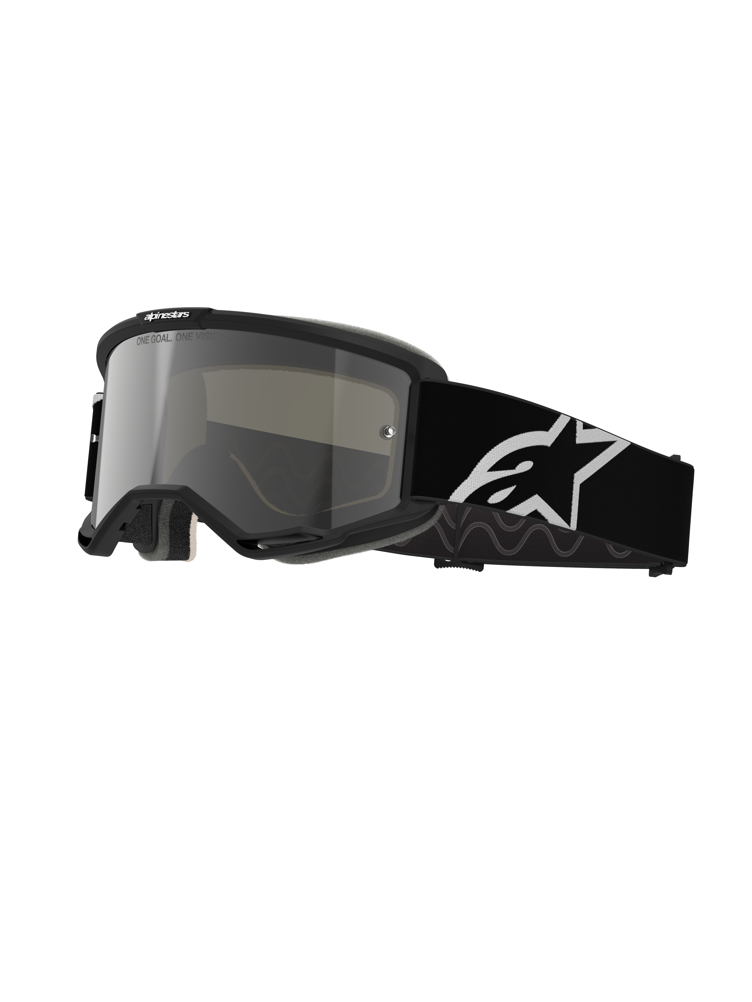 Alpinestars Vision 5 Corp beskyttelsesbriller, motocross-briller, sort ramme med sølvfarvet spejllinse, bred sort justerbar rem med stort hvidt Alpinestars stjernelogo, polstret ansigtsskum, One Goal One Vision-branding