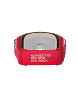 Alpinestars Vision 5 Corp Goggles, motocross-briller, rød og hvid, set bagfra viser bred rem med 'Alpinestars One Goal. One Vision.' slogan, tykt ansigtsskum og rød ramme