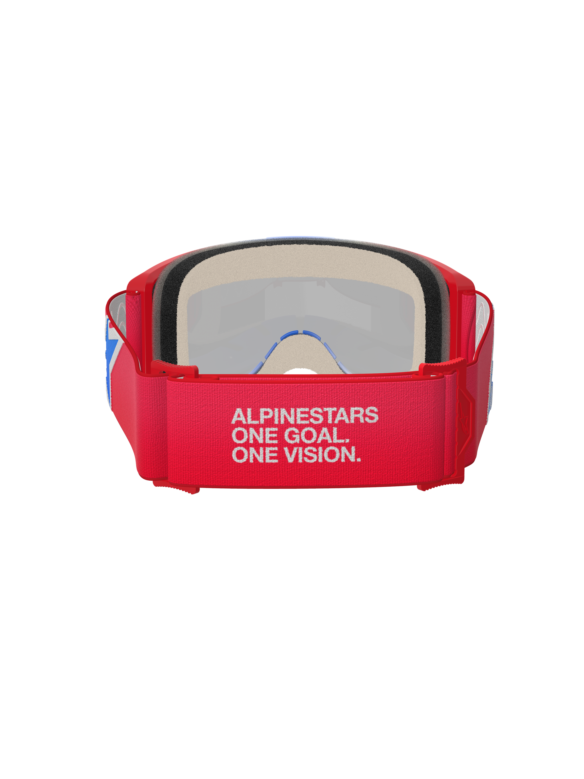 Alpinestars Vision 5 Corp Goggles, motocross-briller, rød og hvid, set bagfra viser bred rem med 'Alpinestars One Goal. One Vision.' slogan, tykt ansigtsskum og rød ramme