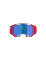 Alpinestars Vision 5 Corp Goggles, motocross-briller, rød og hvid ramme med blå spejllinse, med rød rem og 'ONE GOAL... ONE VISION'-tekst på linsen, set forfra