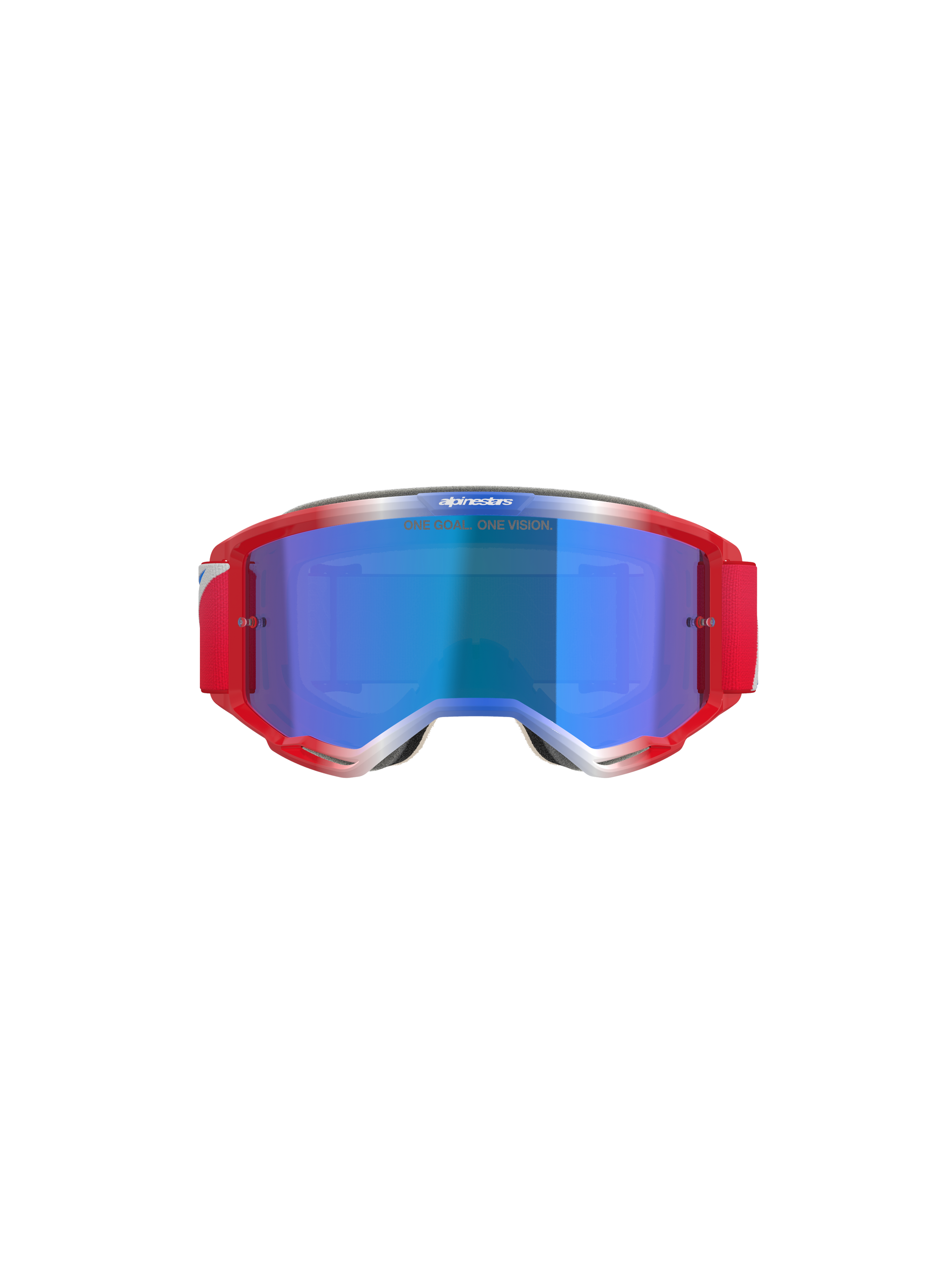 Alpinestars Vision 5 Corp Goggles, motocross-briller, rød og hvid ramme med blå spejllinse, med rød rem og 'ONE GOAL... ONE VISION'-tekst på linsen, set forfra