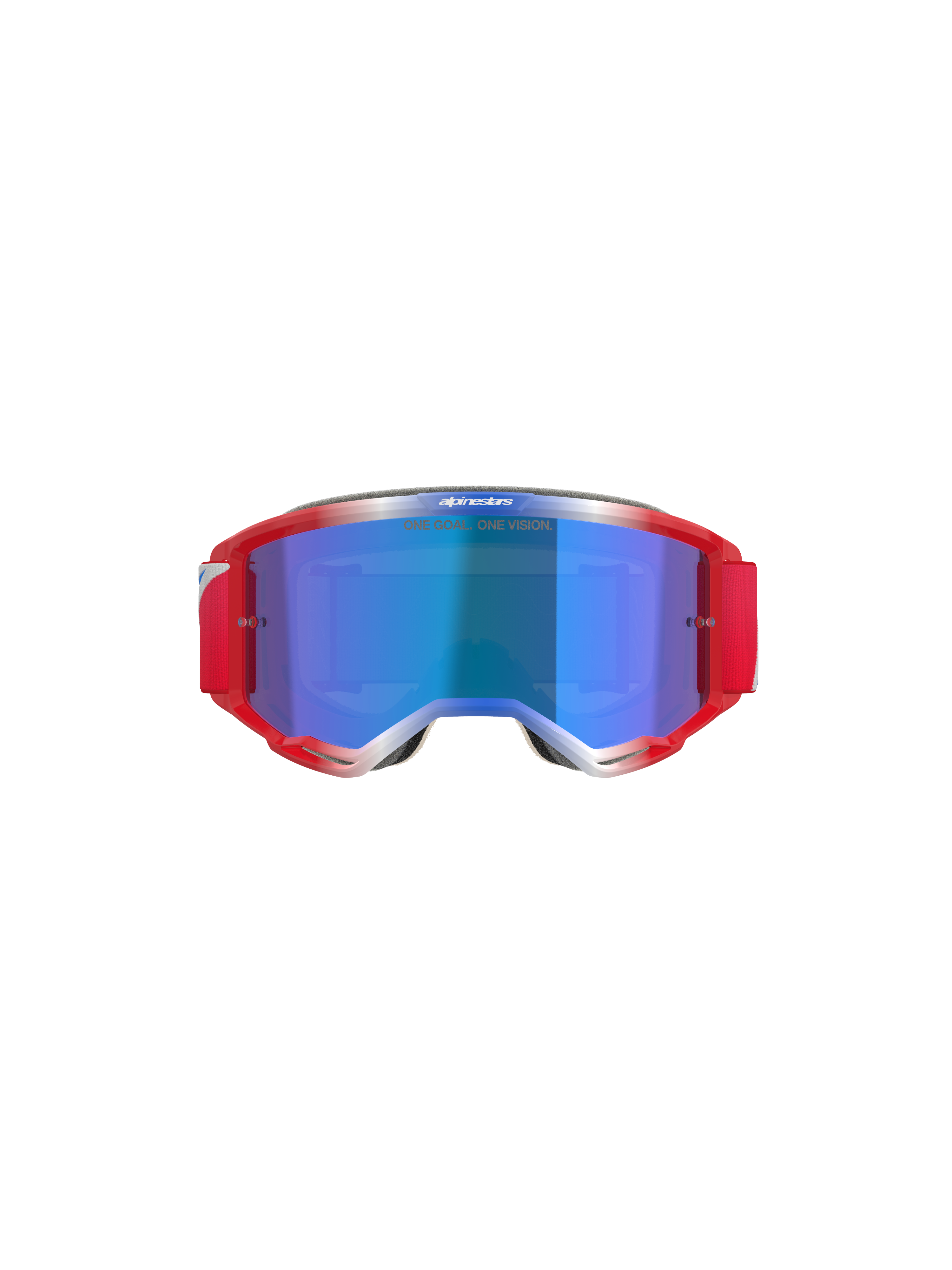 Alpinestars Vision 5 Corp Goggles, Motocross Goggles, Red and White frame with Blue Mirror lens, featuring red strap and 'ONE GOAL... ONE VISION' text on the lens, front view