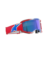 Alpinestars Vision 5 Corp Goggles, motocross-briller, rød, hvid og blå med blå spejllinse, rød ramme med strømlinet ventilation, bred rød rem med markant blåt og hvidt logo, professionelle briller til off-road og motocross-racing