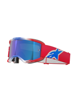 Alpinestars Vision 5 Corp Goggles, motocross-briller, rød, hvid og blå, blå spejl-linse, rød rem med blåt Alpinestars-logo, fleksibel rød ramme med hvide detaljer, beskyttende briller til terrænkørsel