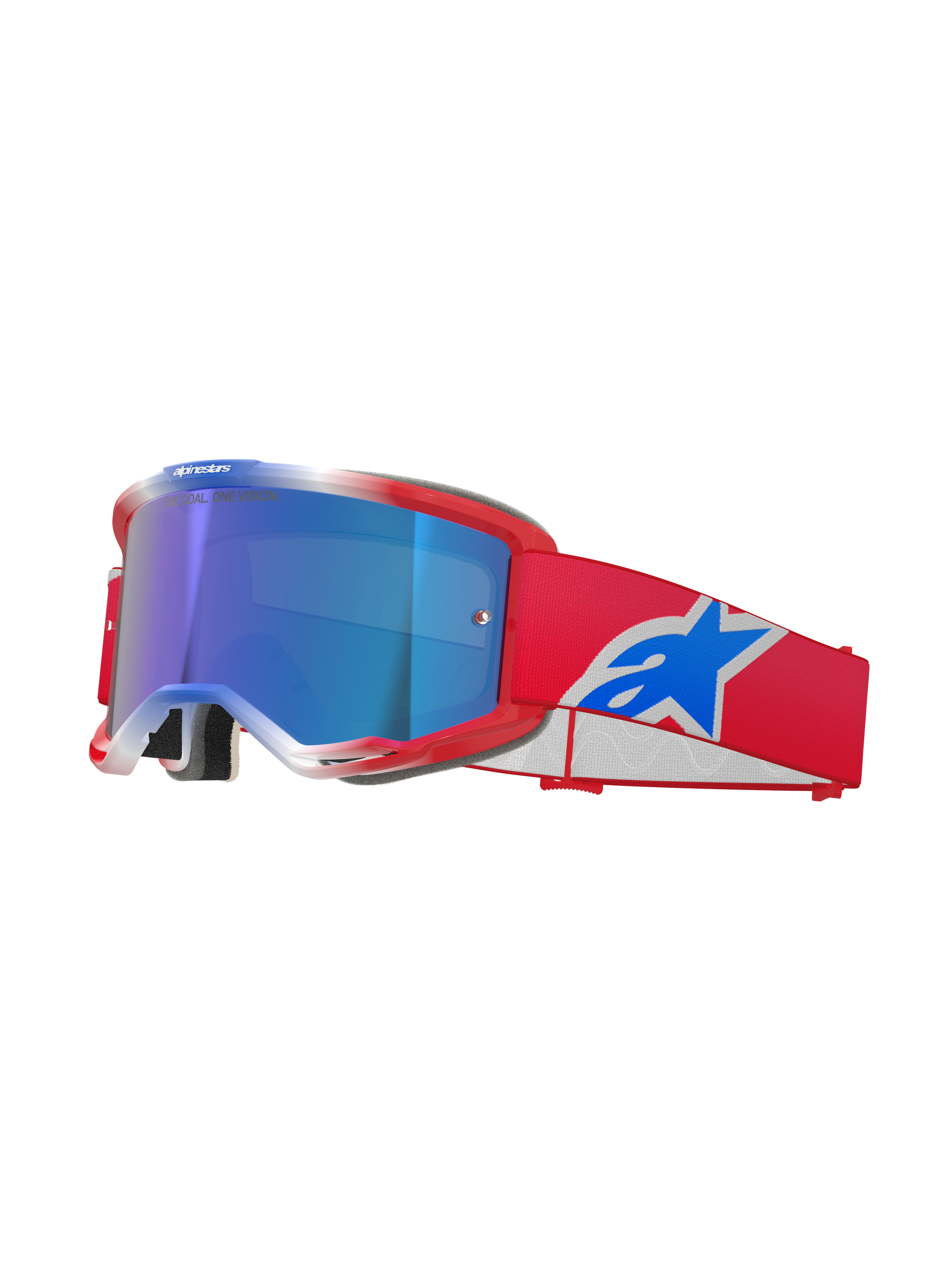 Alpinestars Vision 5 Corp Goggles, motocross-briller, rød, hvid og blå, blå spejl-linse, rød rem med blåt Alpinestars-logo, fleksibel rød ramme med hvide detaljer, beskyttende briller til terrænkørsel