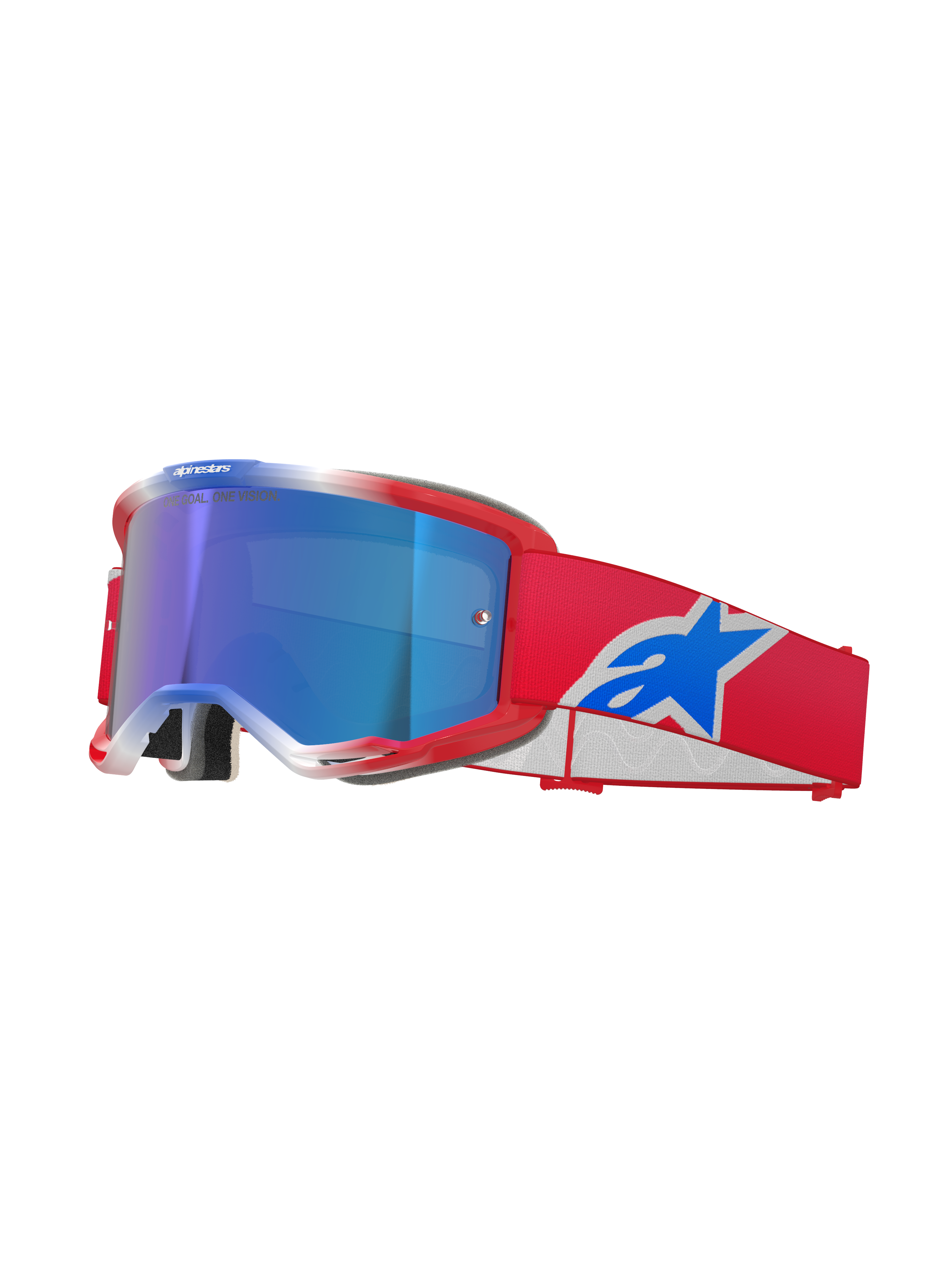 Alpinestars Vision 5 Corp Goggles, motocross-briller, rød, hvid og blå, blå spejl-linse, rød rem med blåt Alpinestars-logo, fleksibel rød ramme med hvide detaljer, beskyttende briller til terrænkørsel