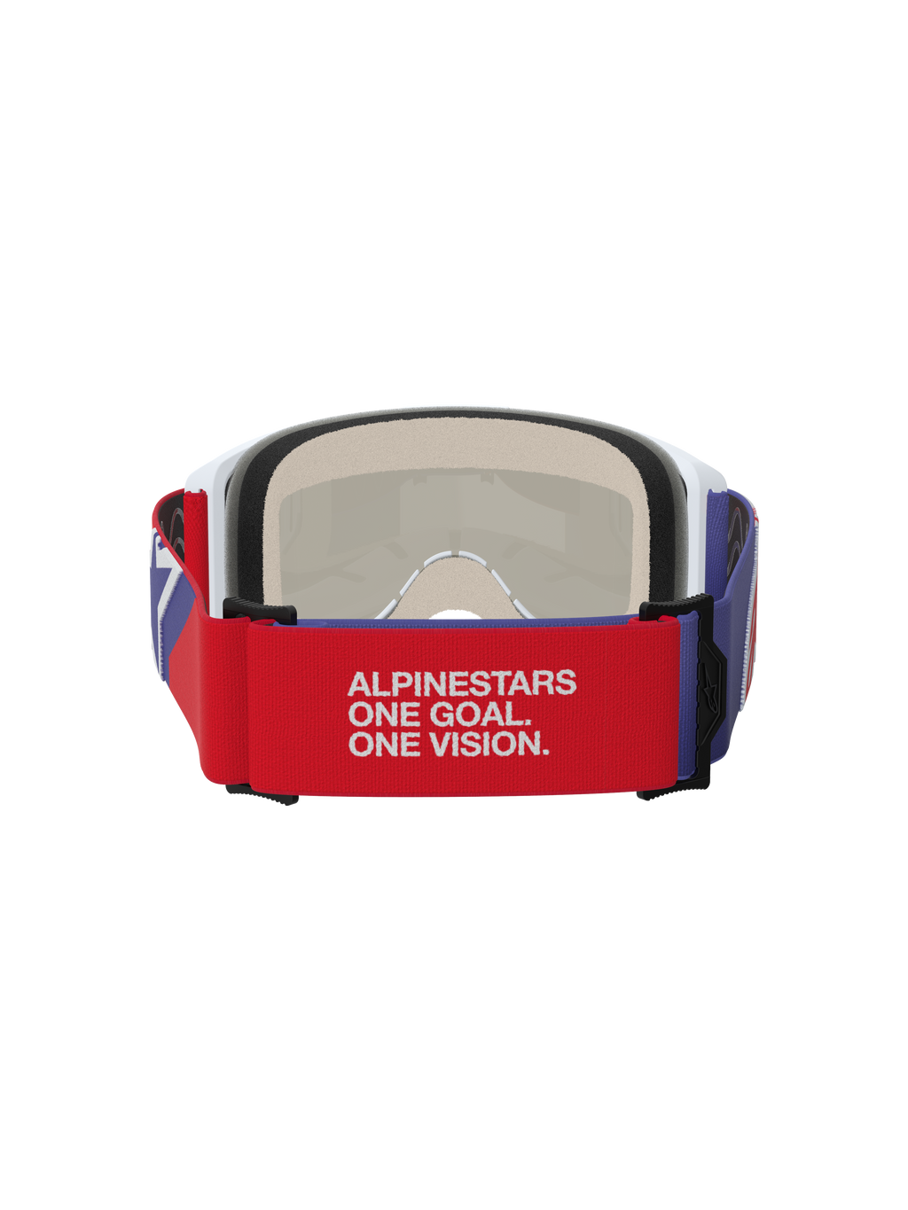 Alpinestars Vision 5 Corp Goggles, motocross-briller, rød og lilla, set bagfra med rød elastikrem med hvidt 'ALPINESTARS ONE GOAL. ONE VISION.' slogan, hvid ramme med beige multi-stage ansigtsskum, holdbar øjenbeskyttelse til off-road