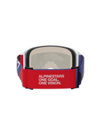 Alpinestars Vision 5 Corp Goggles, motocross-briller, rød og lilla, set bagfra med rød elastikrem med hvidt 'ALPINESTARS ONE GOAL. ONE VISION.' slogan, hvid ramme med beige multi-stage ansigtsskum, holdbar øjenbeskyttelse til off-road